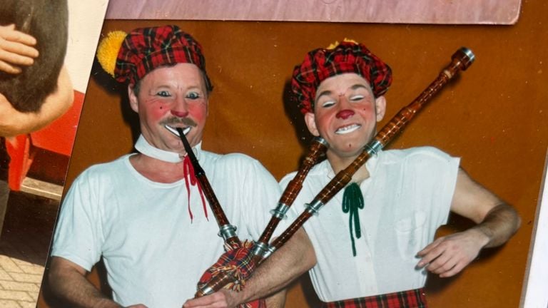 Joop (left) as clown Gino during a musical act