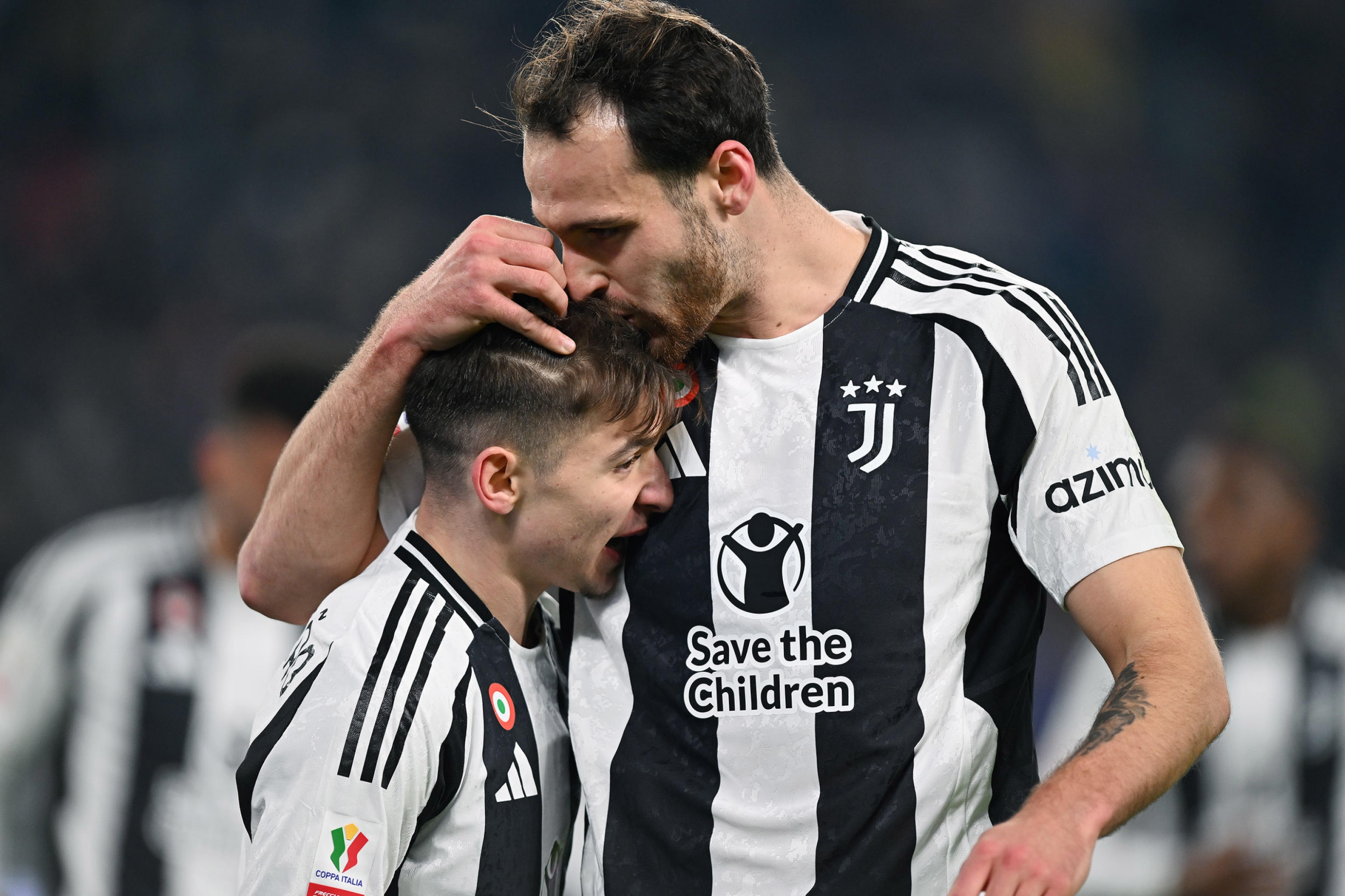 Juventus' Francisco Conceicao jubilates with his teammate after scoring the goal (3-0) during the Coppa Italia soccer match round of 16 Juventus FC vs Cagliari Calcio at the Allianz Stadium in Turin, Italy, 17 December 2024 ANSA/ALESSANDRO DI MARCO
