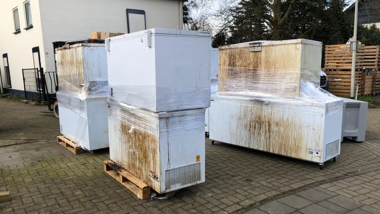 Eight freezer chests from drug lab Bosschenhoofd for preparing MDMA (ecstasy) (Photo: Willem-Jan Joachems)