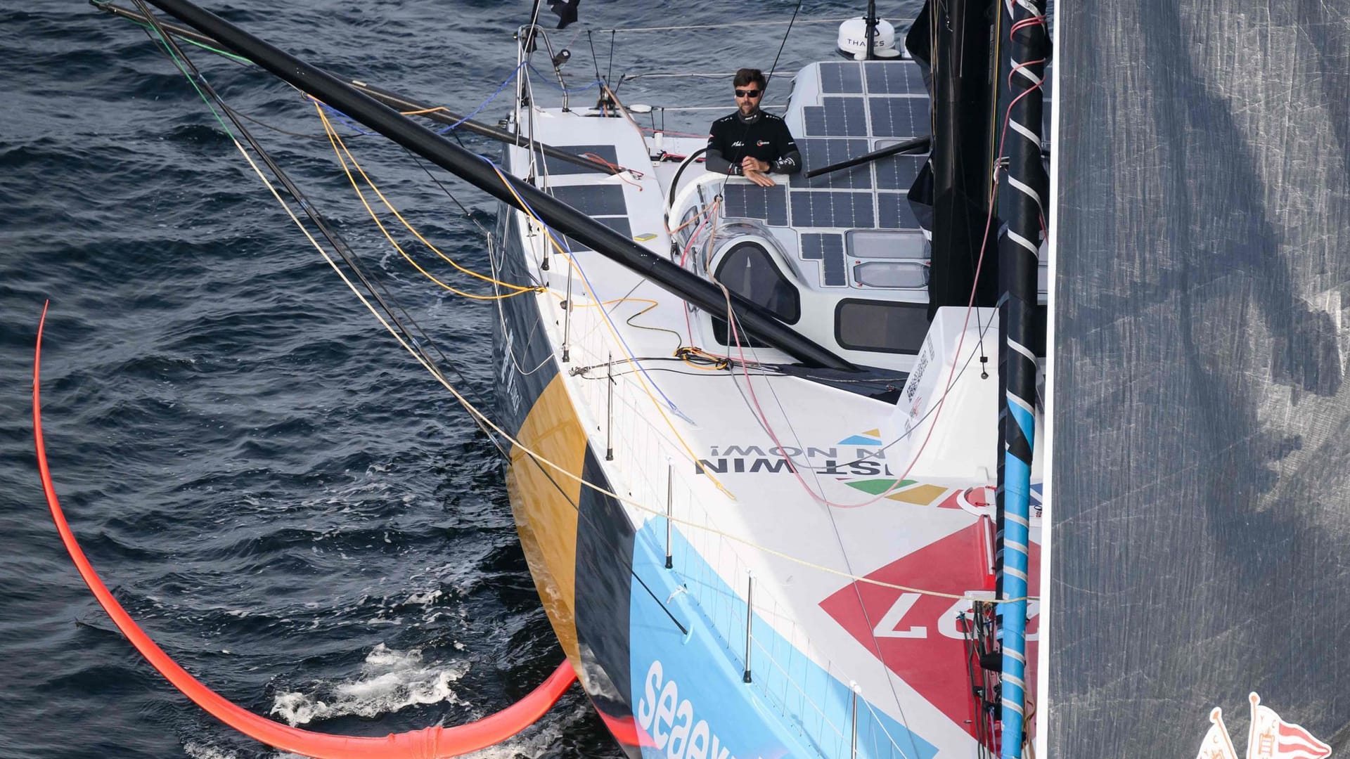 Boris Herrmann, skipper from Germany, sails his Imoca 60 monohull “Malizia - SeaExplorer” off the coast after the start of the 10th edition of the Vendee Globe circumnavigation.