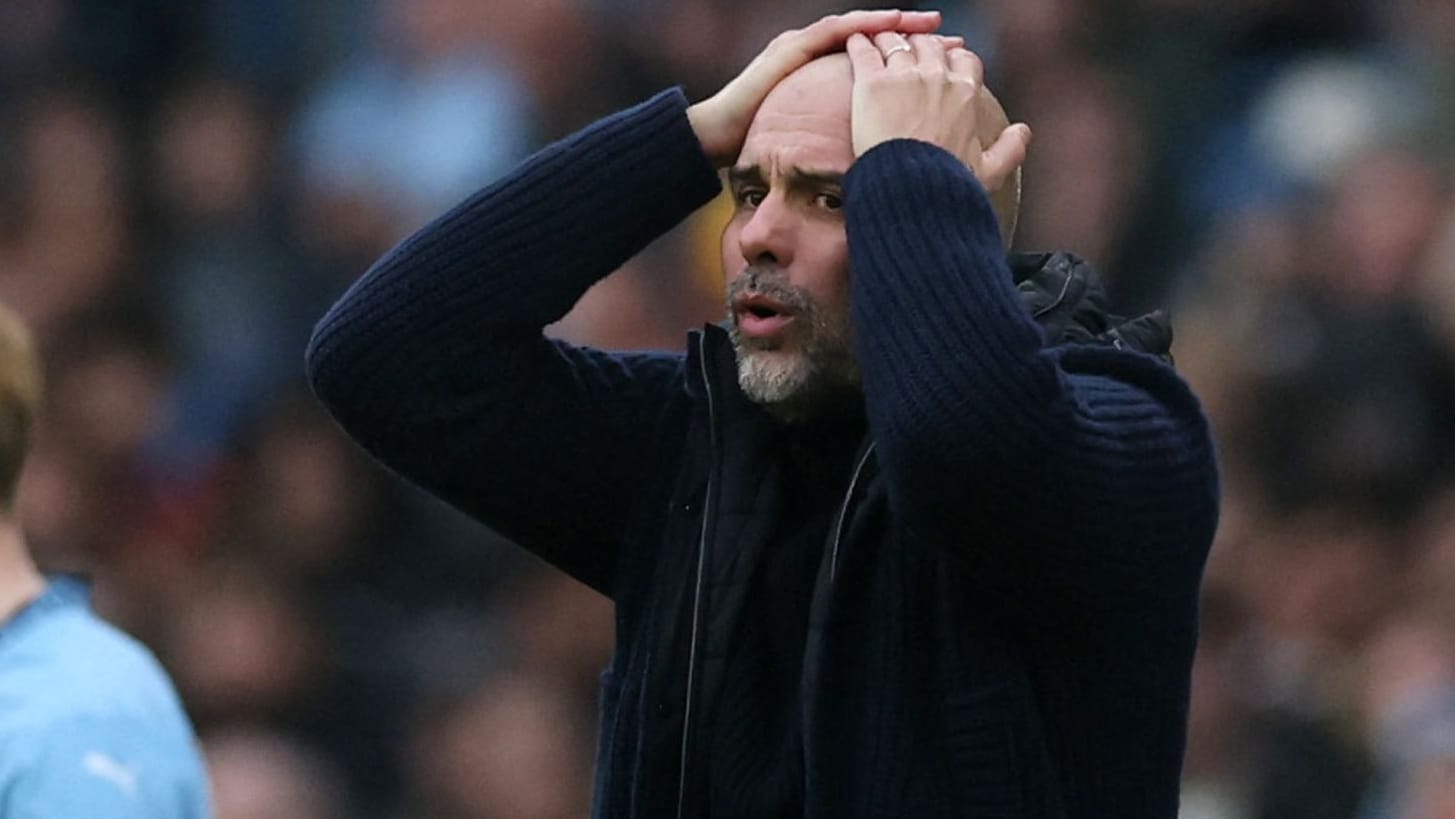 Can't believe it: City coach Pep Guardiola in the game against Everton. Can't believe it: City coach Pep Guardiola in the game against Everton.