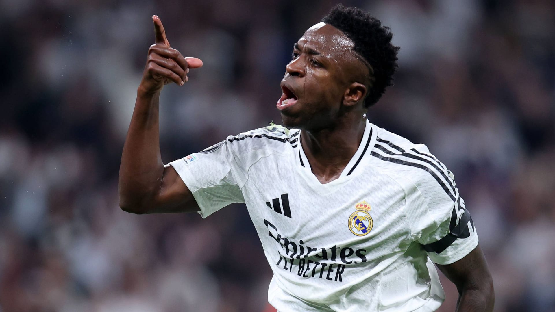 Vinícius Júnior celebrating a goal for Real Madrid: The Brazilian is the 2024 World Player of the Year.