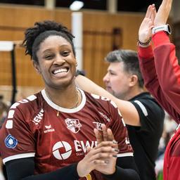 Danielle Harbin from SC Potsdam cheers after a game (archive). Source: imago images/Beautiful Sports