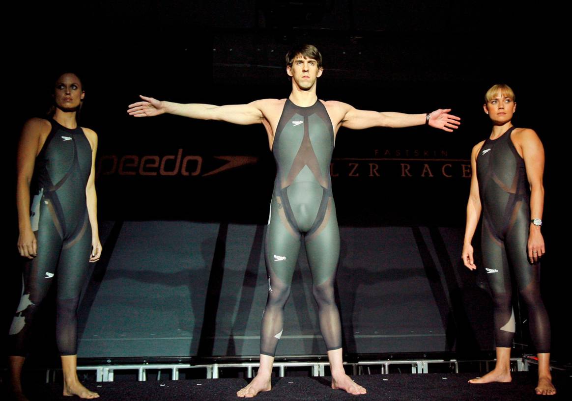 Michael Phelps poses in new, high technology Speedo LZR Racer swimsuits