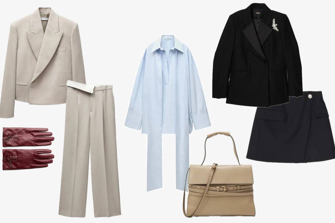 Power Dressing: Beige suit and blue blouse from Mango, gloves from Bershka, black suit from Maje and bag from Moschino. Power Dressing: Beige suit and blue blouse from Mango, gloves from Bershka, black suit from Maje and bag from Moschino.