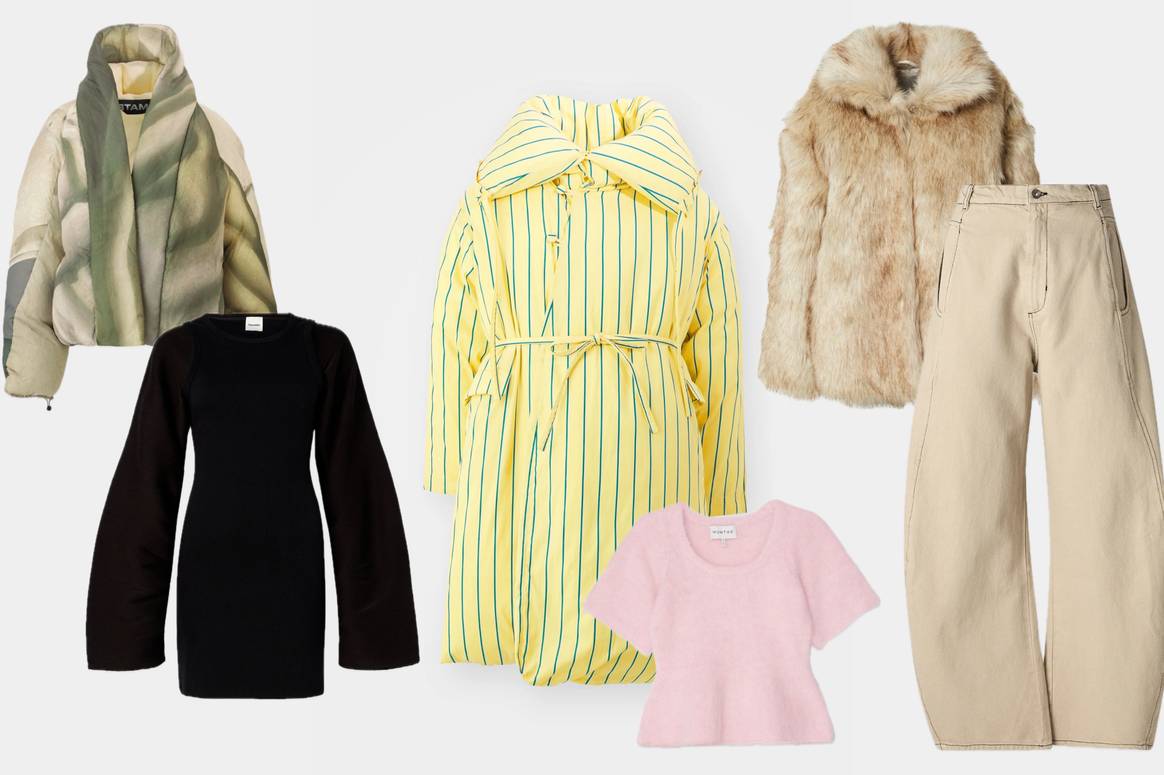 Green coat from Stamm, black dress from Nanushka, yellow coat from Sunnei, pink t-shirt from Munthe, fur coat from Leger and beige trousers from Henrik. Green coat from Stamm, black dress from Nanushka, yellow coat from Sunnei, pink t-shirt from Munthe, fur coat from Leger and beige trousers from Henrik.
