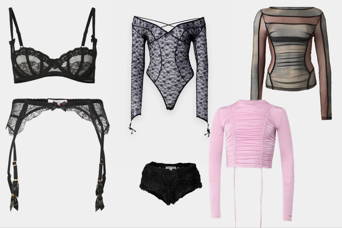 Lingerie set and black lace bodysuit by Agent Provocate, shorts by Jaded London, pink t-shirt by Love Scars, dark top by Feng Chen. Lingerie set and black lace bodysuit by Agent Provocate, shorts by Jaded London, pink t-shirt by Love Scars, dark top by Feng Chen.