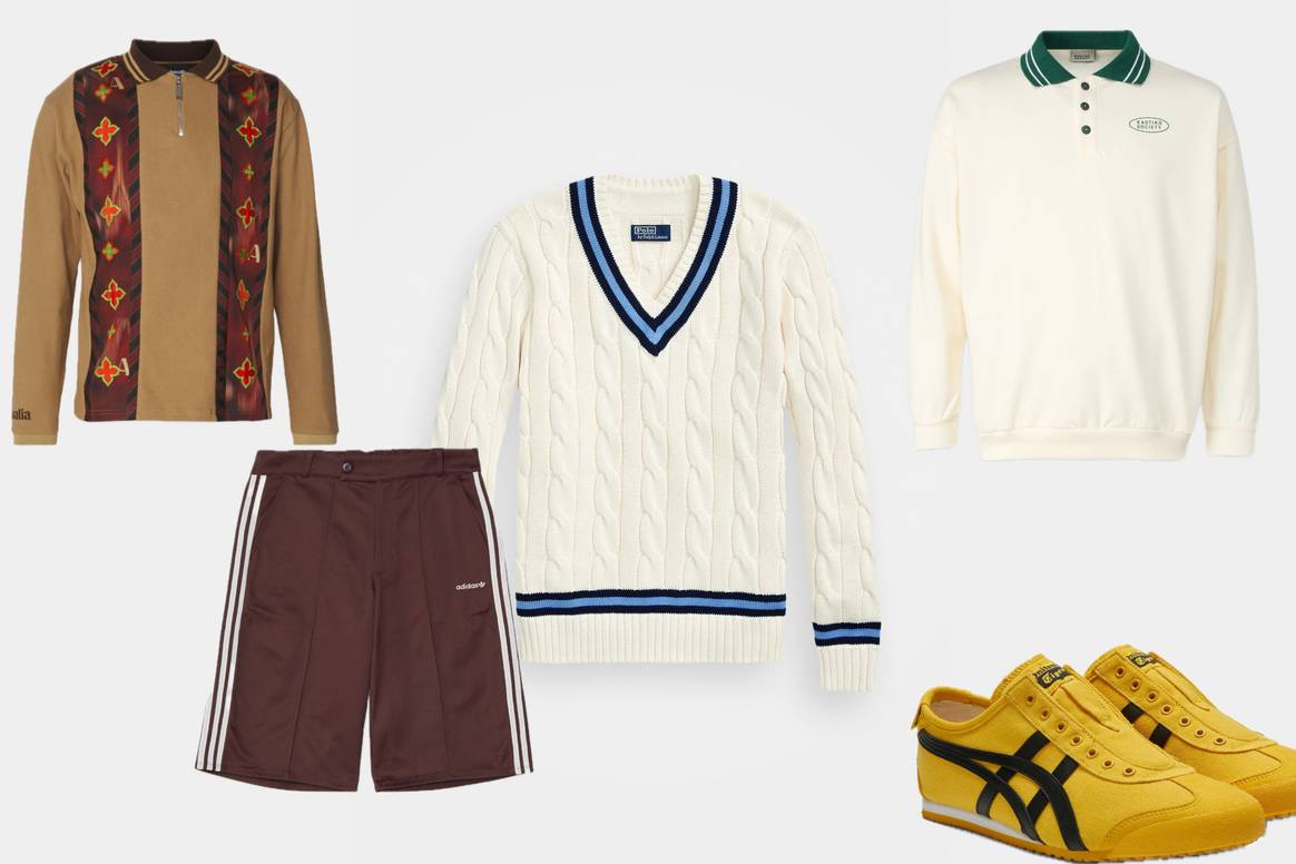 Brown sweater from Ahluwalia, pants from Adidas, V-neck sweater from Polo Ralph Lauren, sneakers from Asics and green polo shirt from Kaotiko. Brown sweater from Ahluwalia, pants from Adidas, V-neck sweater from Polo Ralph Lauren, sneakers from Asics and green polo shirt from Kaotiko.