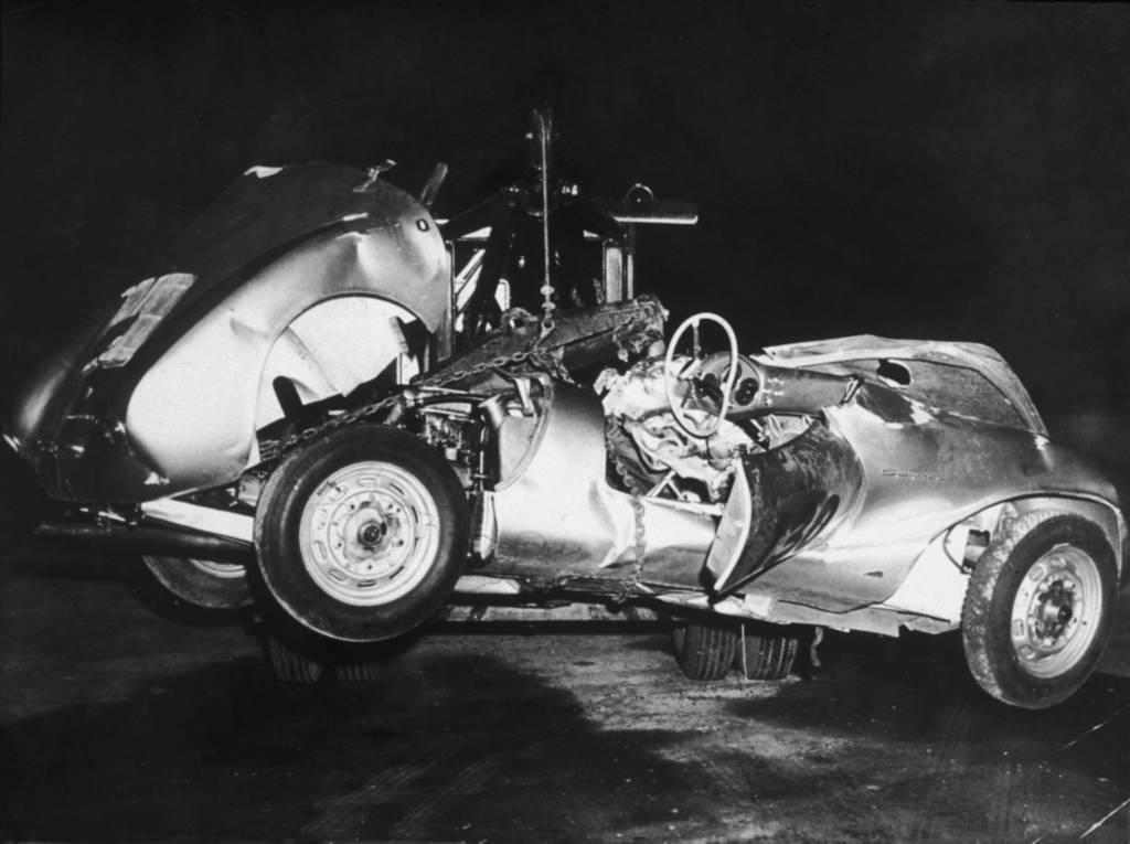 The wreckage of the Porsche in which James Dean died