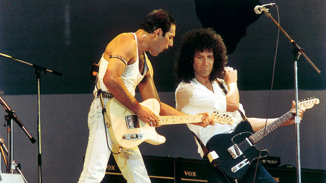 Freddie Mercury and Brian May at Queen's Live Aid performance in 1985