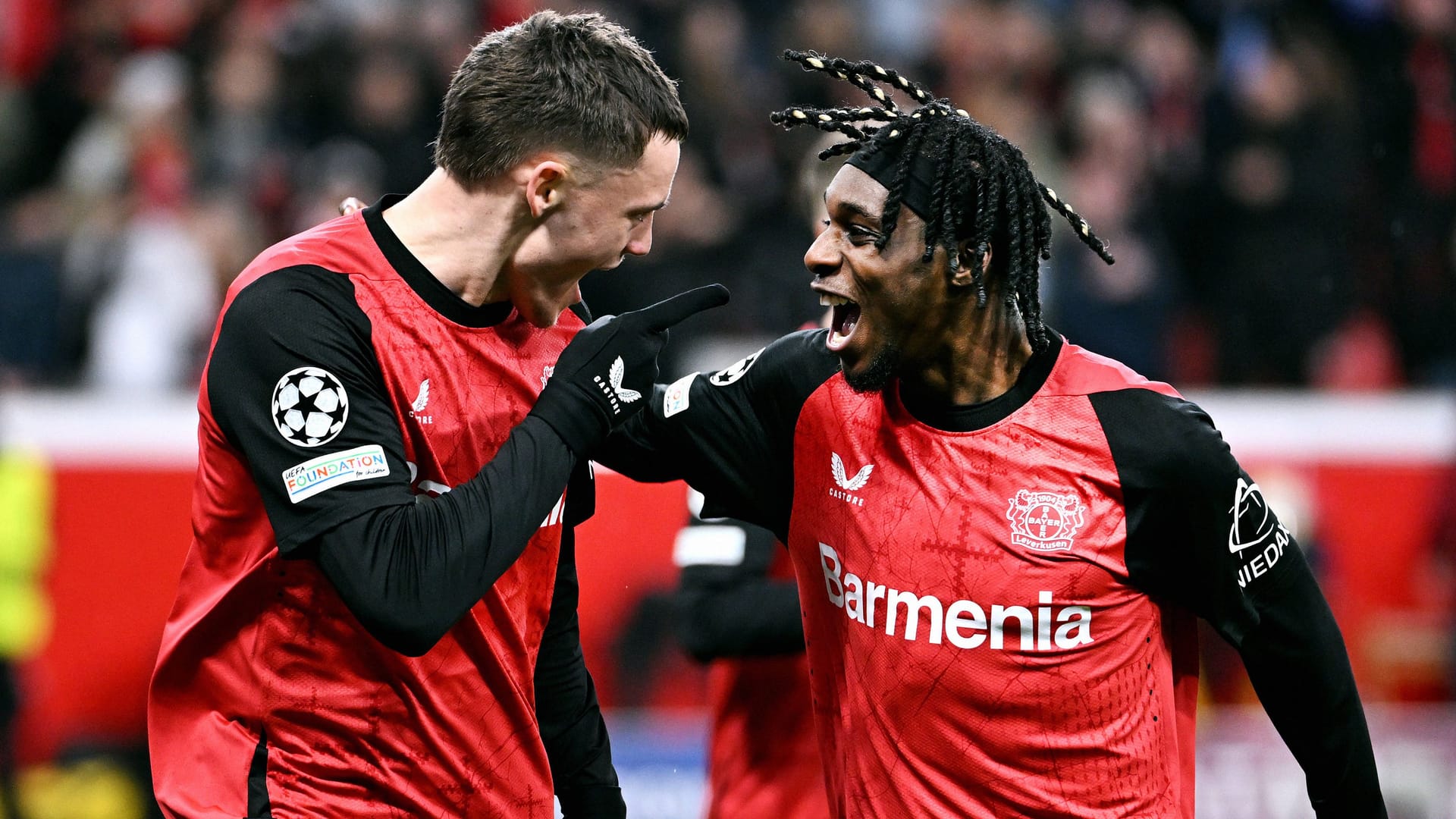Jubilee duo: Leverkusens Wirtz (left) and Frimpong in the match against Sparta Prague.