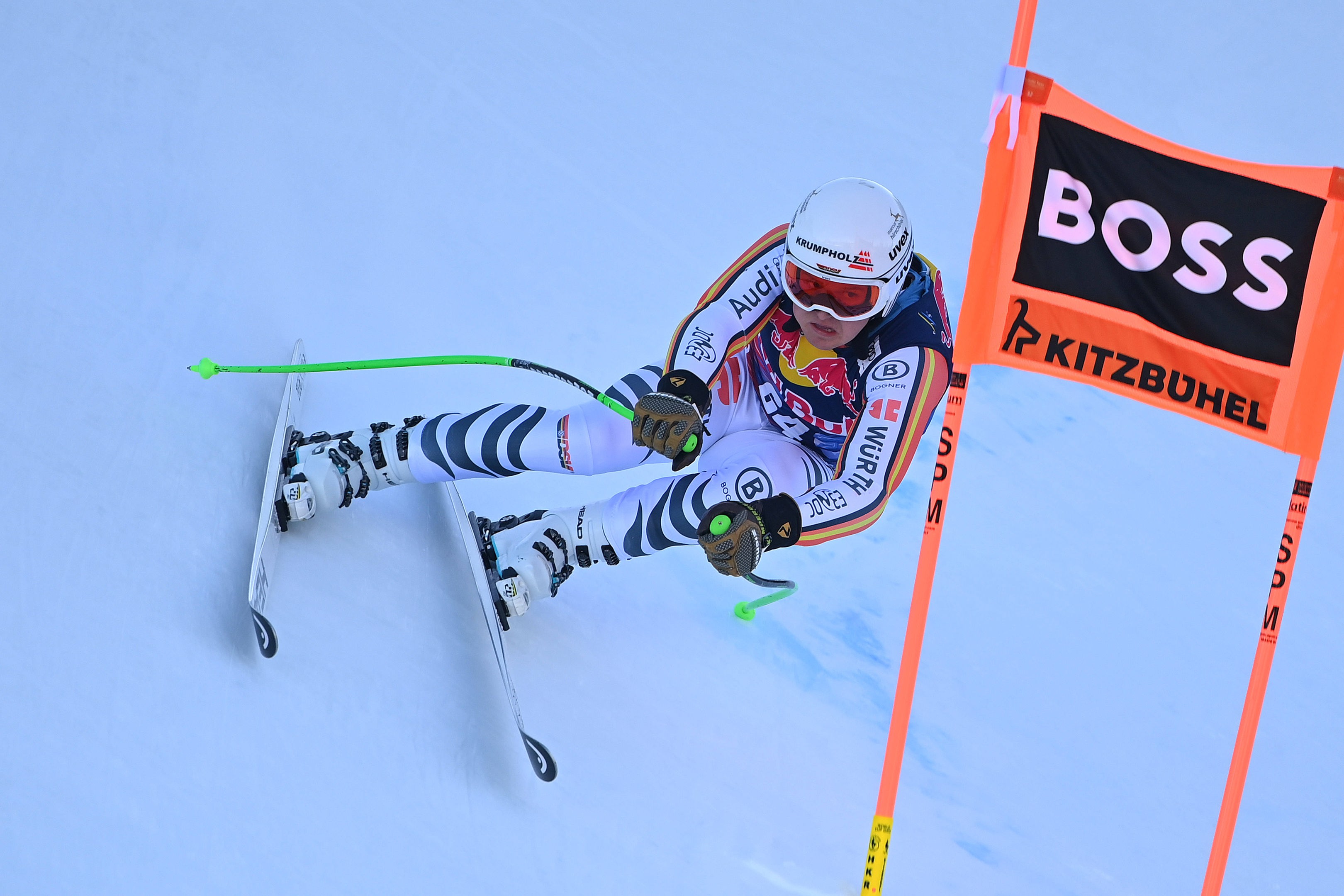 The German Jacob Schramm in action during training for the 85th Hahnenkamm Race.