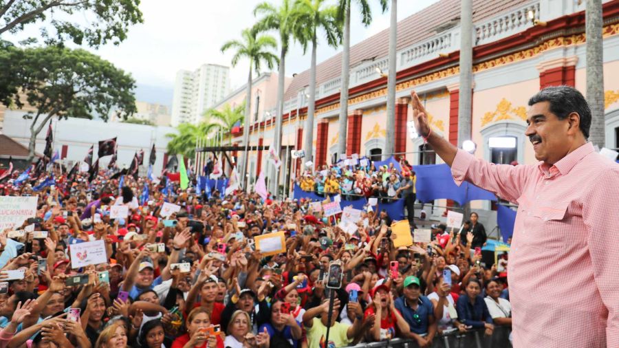 Photogallery Image provided by the Presidency of Venezuela of the Venezuelan president, Nicolás Maduro, reacting during a rally at the Miraflores Palace, in Caracas, Venezuela