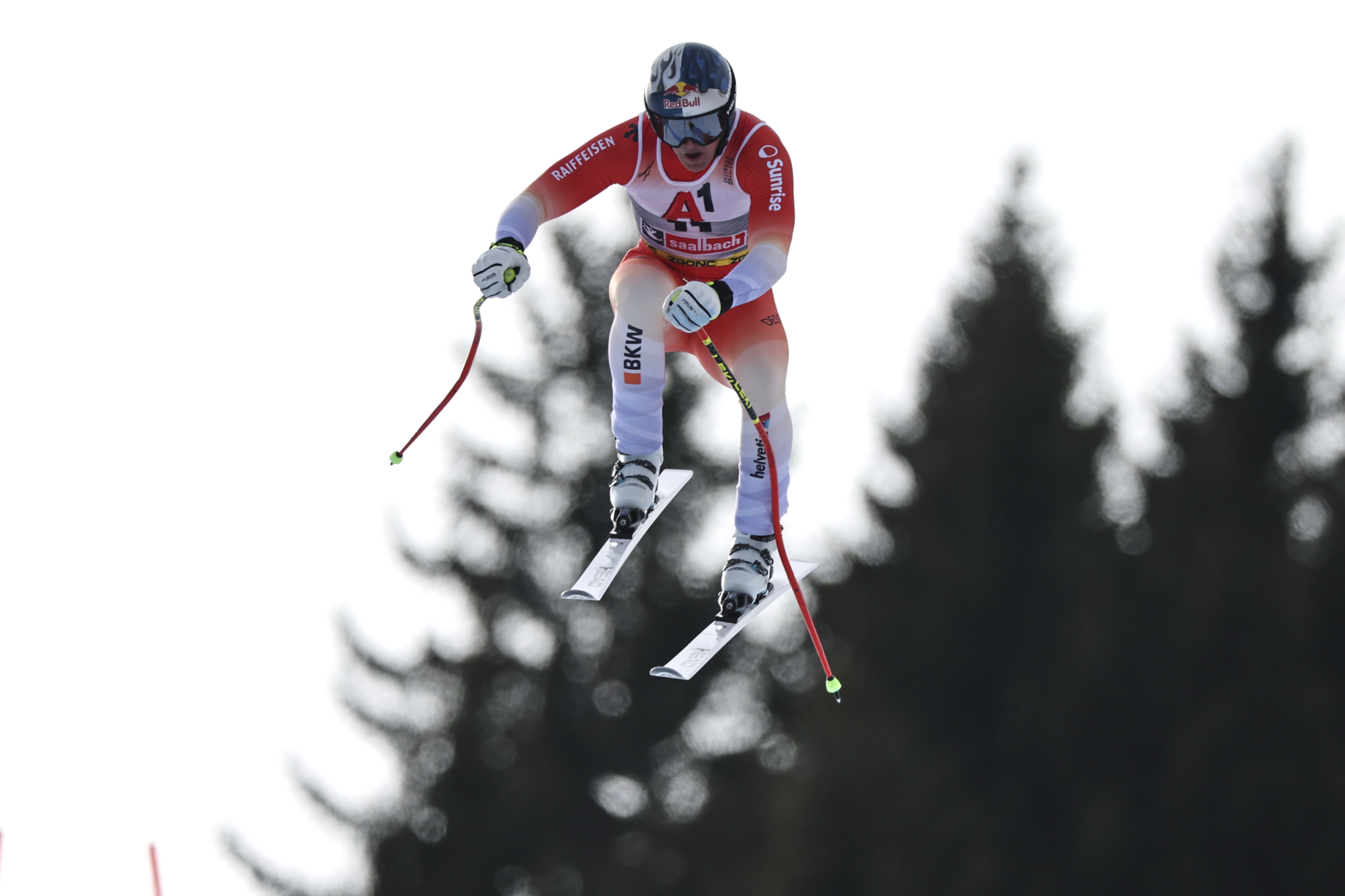 Switzerland's Franjo von Allmen Is Airborne During a Men's Downhill Race, At The Alpine Ski World Championships, in Saalbach-Hinterglem, Austria, Sunday, Feb. 9, 2025. (AP Photo/Marco Trovati) Associated Press/LaPresse
