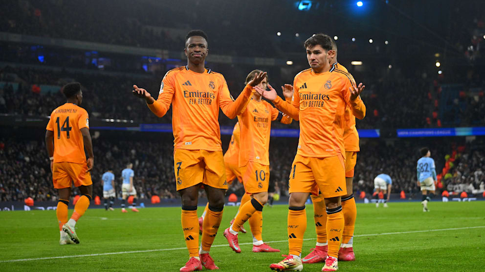 Am Ende jubelten die Real-Stars um Vinicius (l.) und Torschütze Diaz