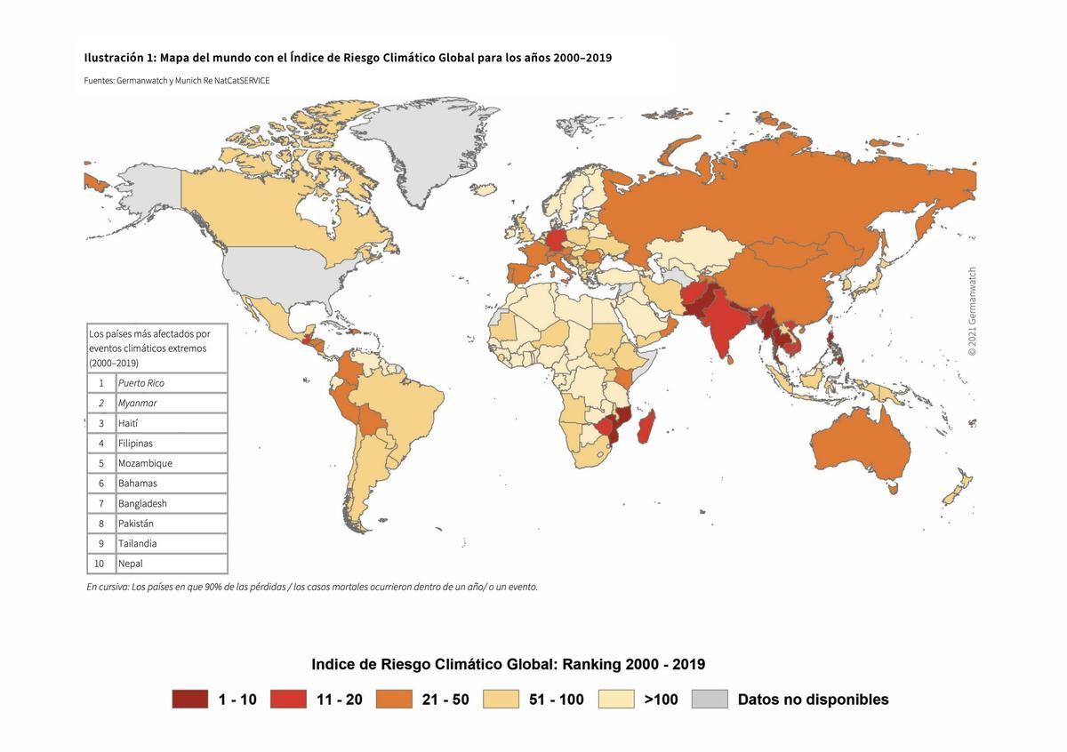 Mapa del mundo con el Índice de Riesgo Climático Global en los años 2000–2019.