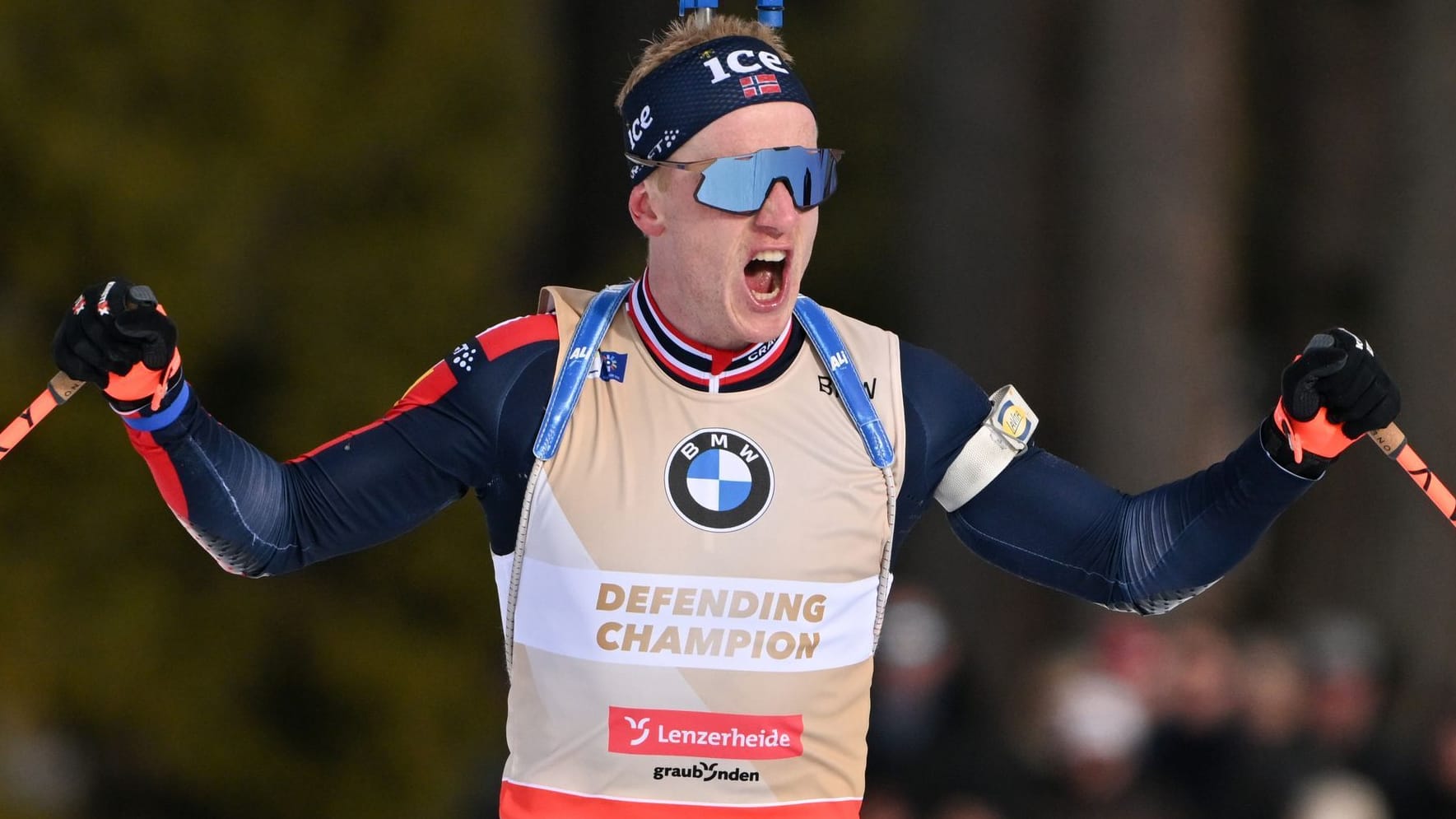 Dominator: Johannes Thingnes Bö cheers in the persecution after his finish.