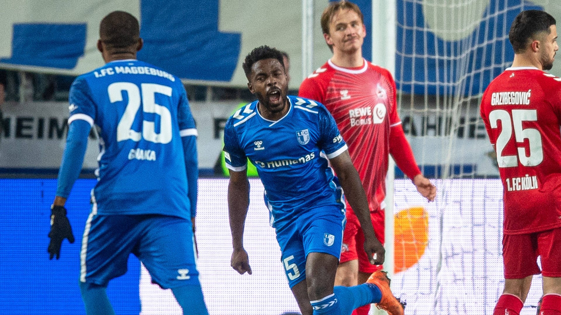 The 1-0: Magdeburg's Daniel Heber cheers against 1. FC Köln.