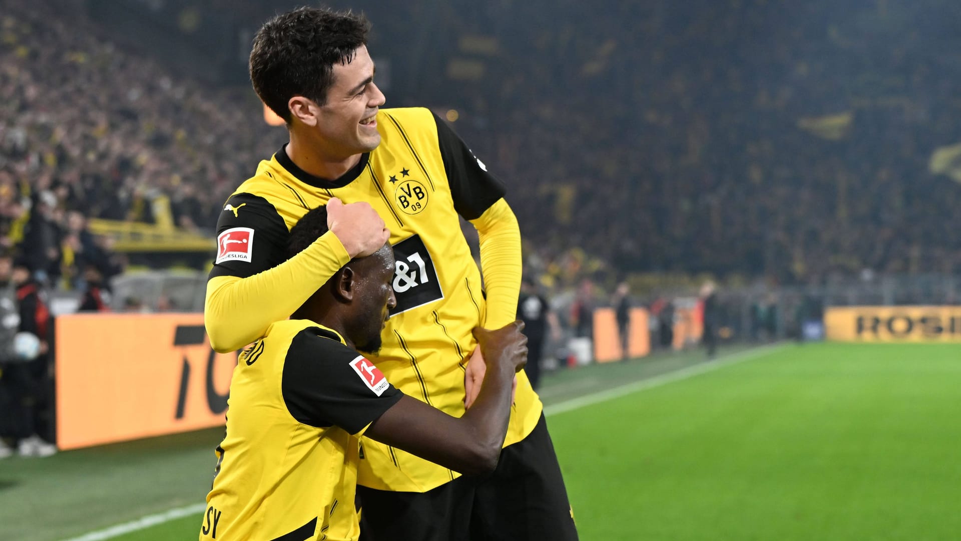 Serhou Guirassy (below) celebrates with Giovanni Reyna: The BVB striker scored four times against Union.