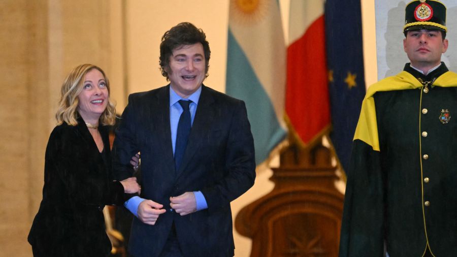 PHOTALERIA The Prime Minister of Italy, Giorgia Meloni, welcomes the president of Argentina, Javier Milei, at the Palazzo Chigi before her meeting in Rome