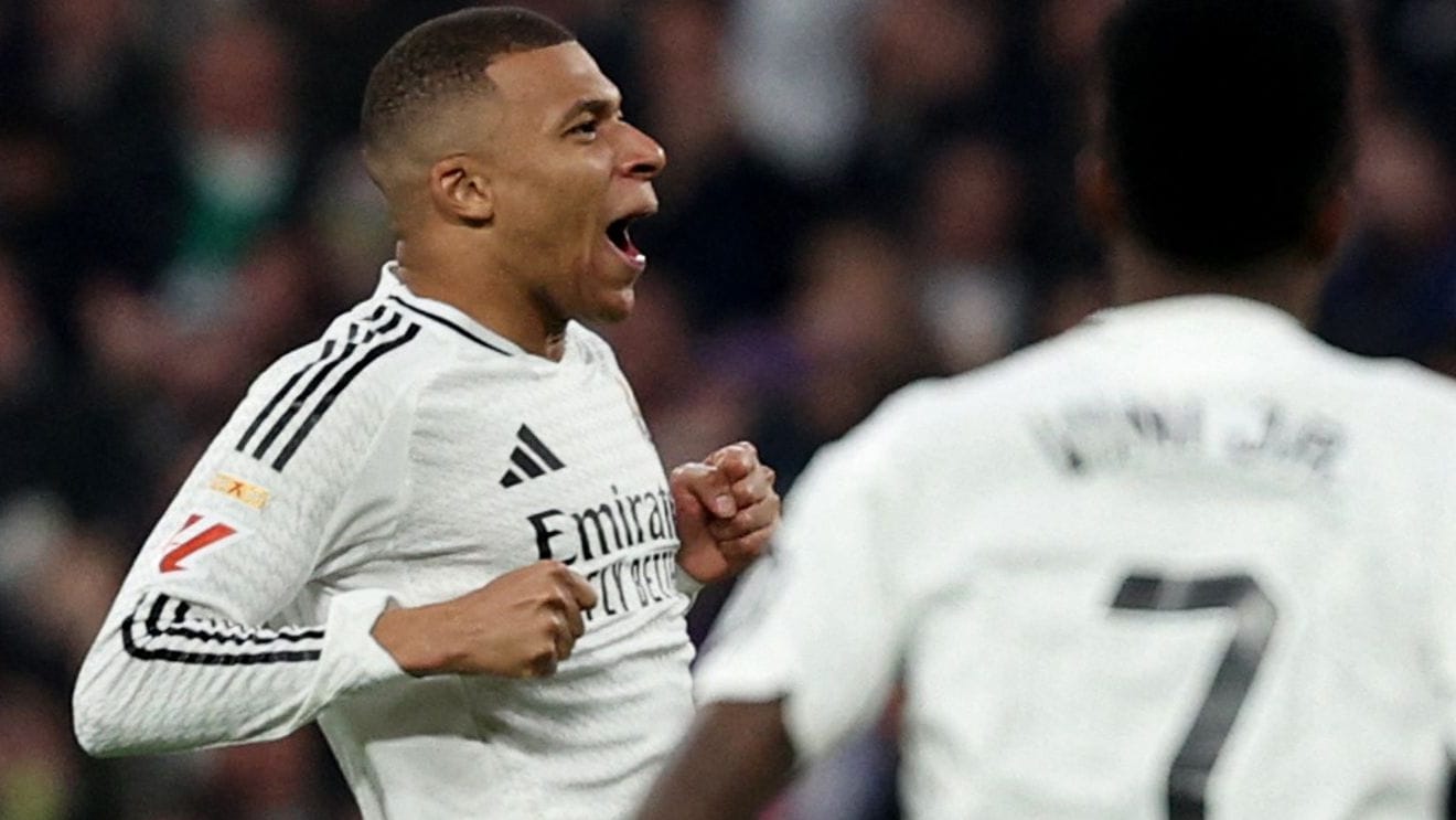 Kylian Mbappé cheers: He scored for Real Madrid.