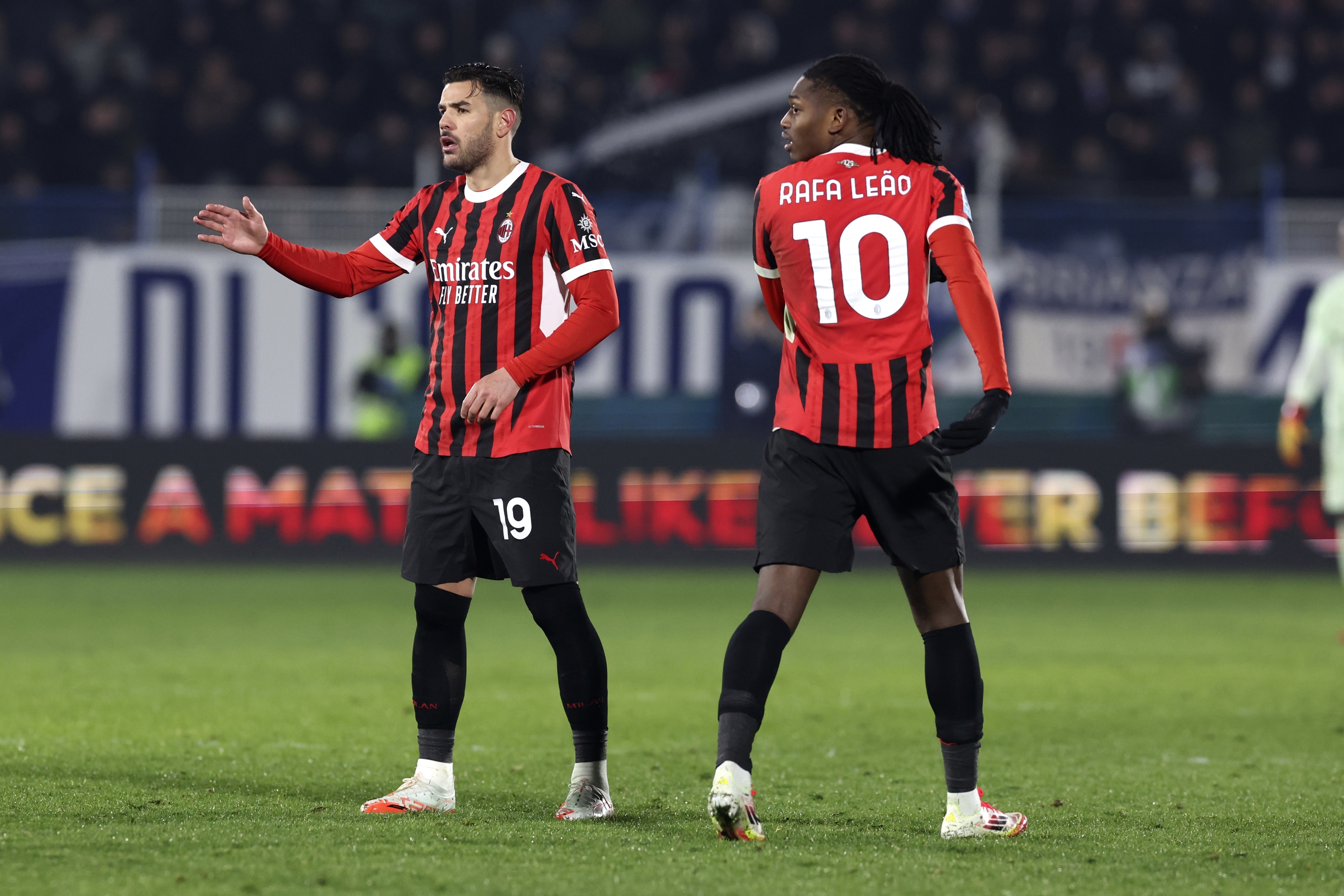 Como, Italy - Janogy 14: Theo Hernandez of AC Milan with His Teammate Rafael Leao After Scoring His Team's First Goal (1-1) During the Serie A Match Bethaeen Como and AC Milan at Stadium G. Sinigaglia on Janogy 14, 2025 in Como , Italy. (Photo by Claudio Villa/AC Milan via Getty Images)