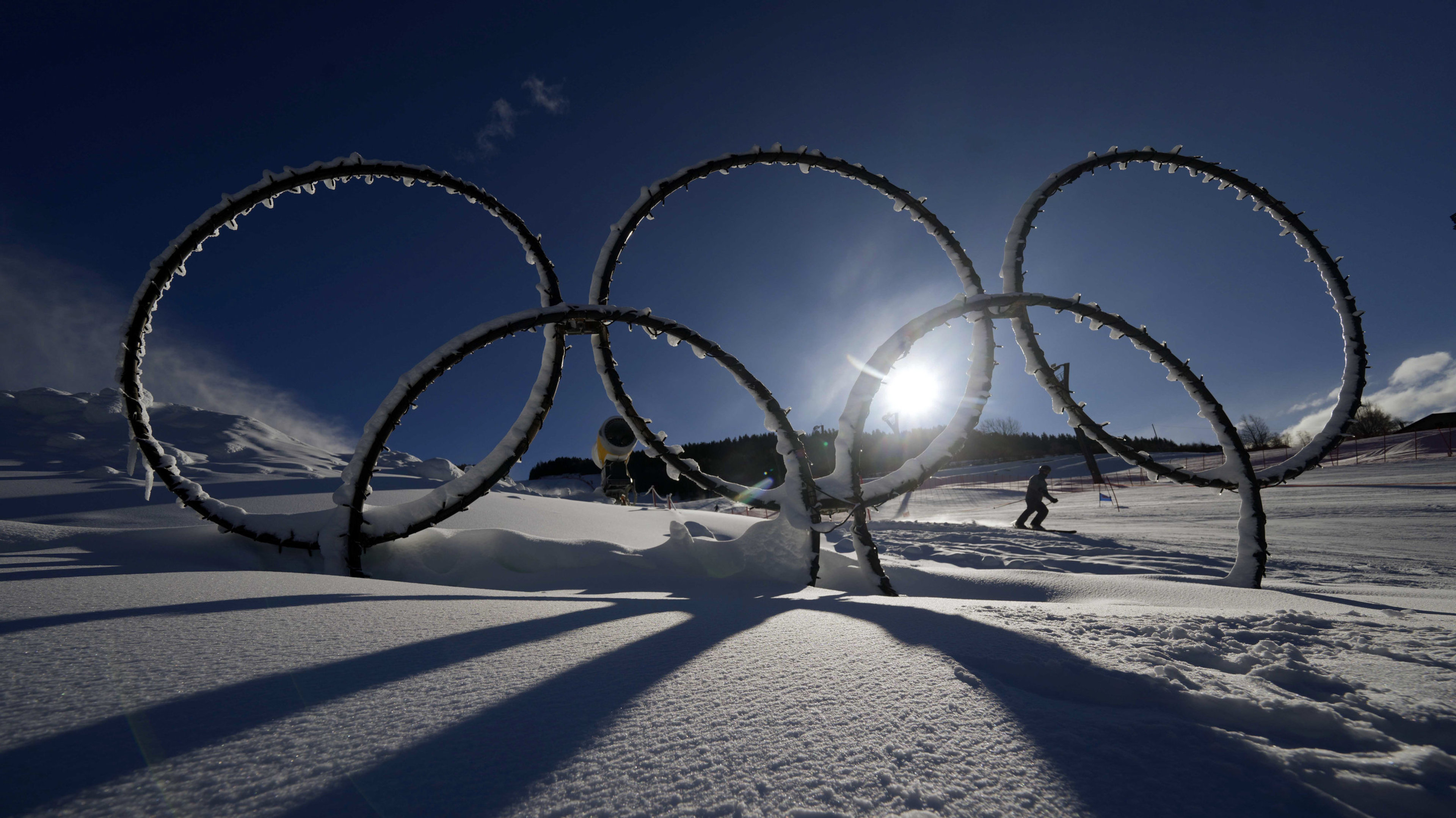 The Olympic rings can be seen in the snow of the Stelvio Ski Center, the venue for the alpine ski and ski mountaineering disciplines at the 2026 Winter Olympics in Milan Cortina.