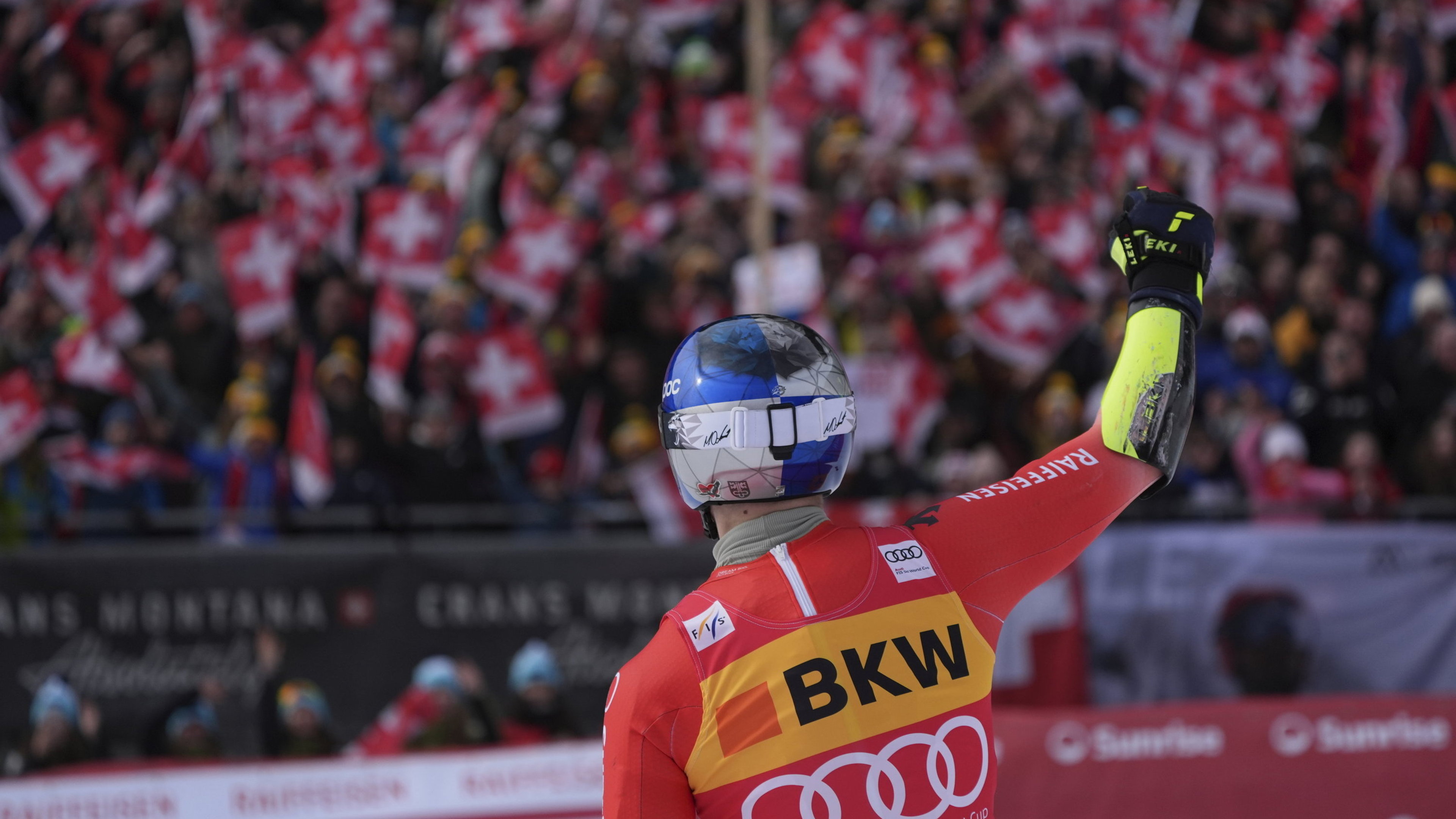 Marco Odermatt cheered at the finish line after the Super-G from Crans-Montana