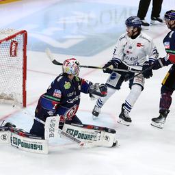 Eisbear goalkeeper Jonas Stettmer collects the 1-1 compensation by Michael Connolly (Imago Images/O.Behrendt)