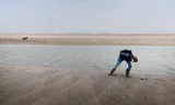 A fossil seeker on the sand motor, near Kijkduin. Rijkswaterstaat has a lot of sand sprayed along the coast. This comes from the North Sea and contains many archaeological objects from Doggerland.