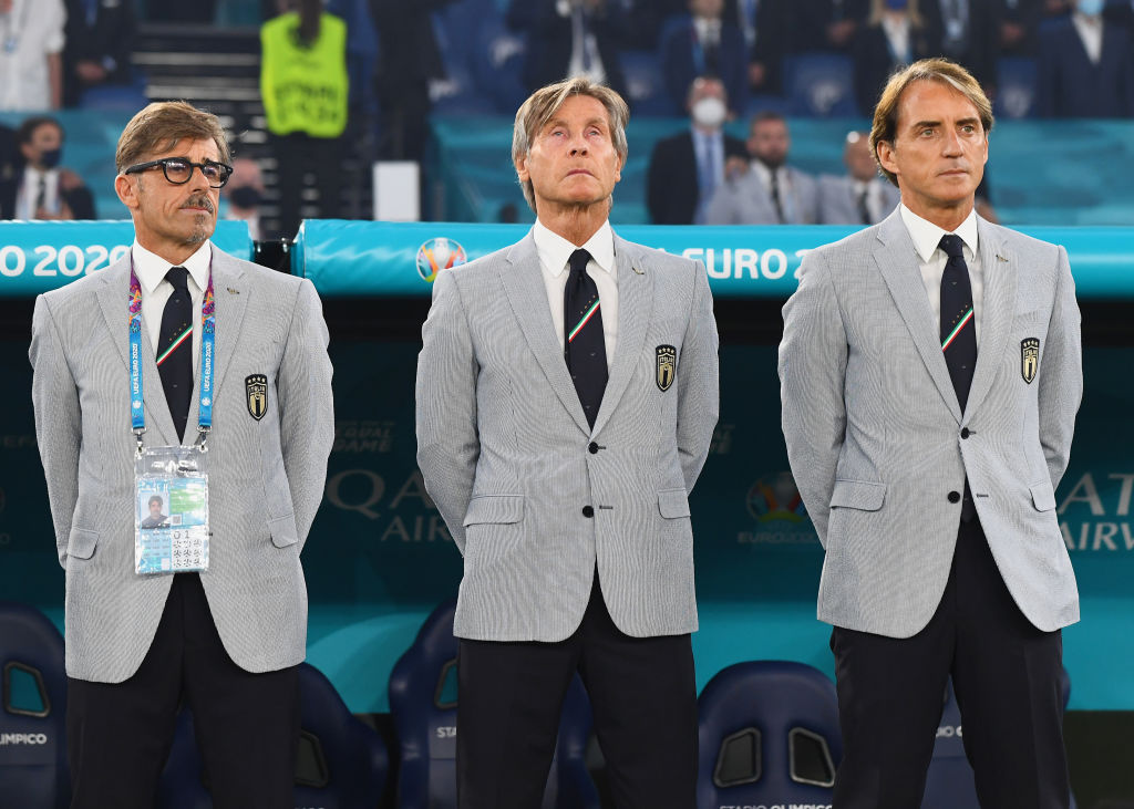 Rome, Italy - June 11: (l - r) Alberigo Evani (Assistant Coach), Gabriele Oriali (Coach), Roberto Mancini (Head Coach) Stand for the National Anthem with Roberto Mancini, Head Coach of Italy Prior to the UEFA Euro 2020 Championship Group at Match Bethaeen Turkey and Italy at the Olympic Stadium on Juna 11, 2021 in Rome, Italy. (Photo by Claudio Villa/Getty Images)