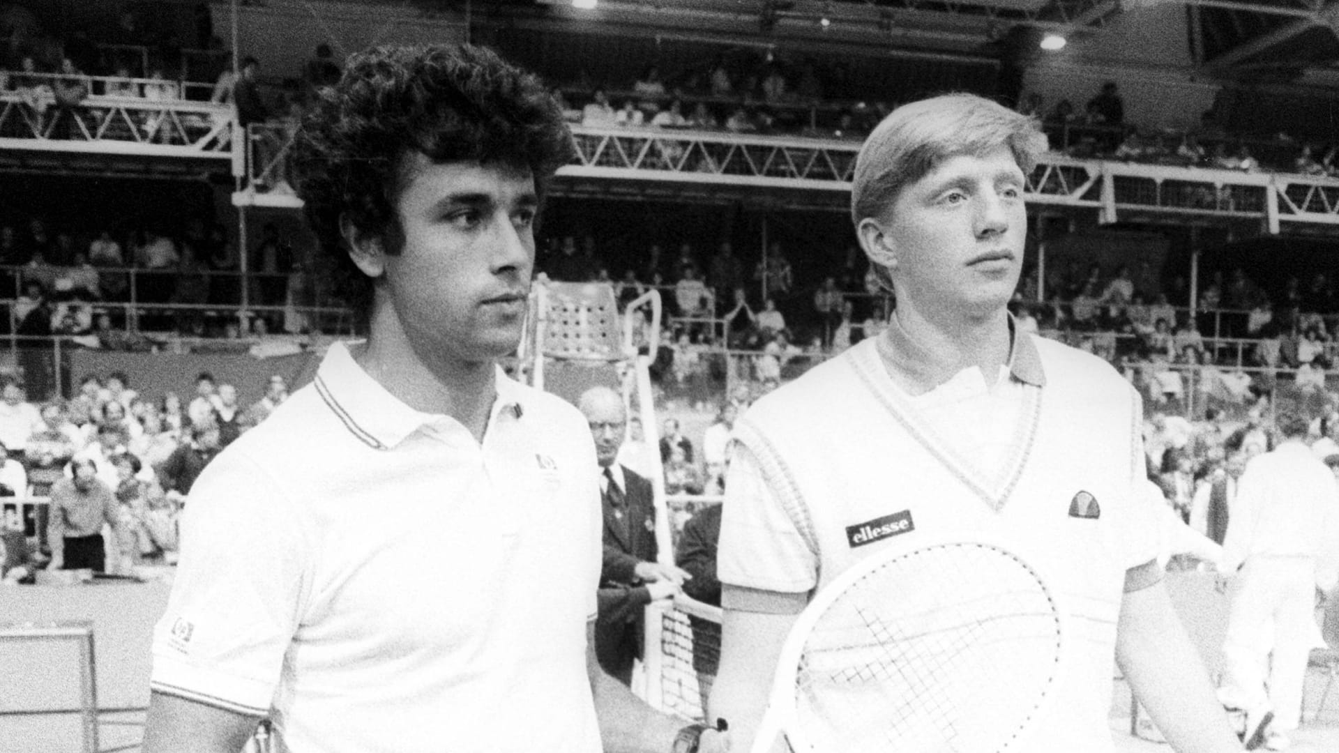 Juan Aguilera (left) in 1985 at the Davis Cup match against the then 17-year-old Boris Becker.