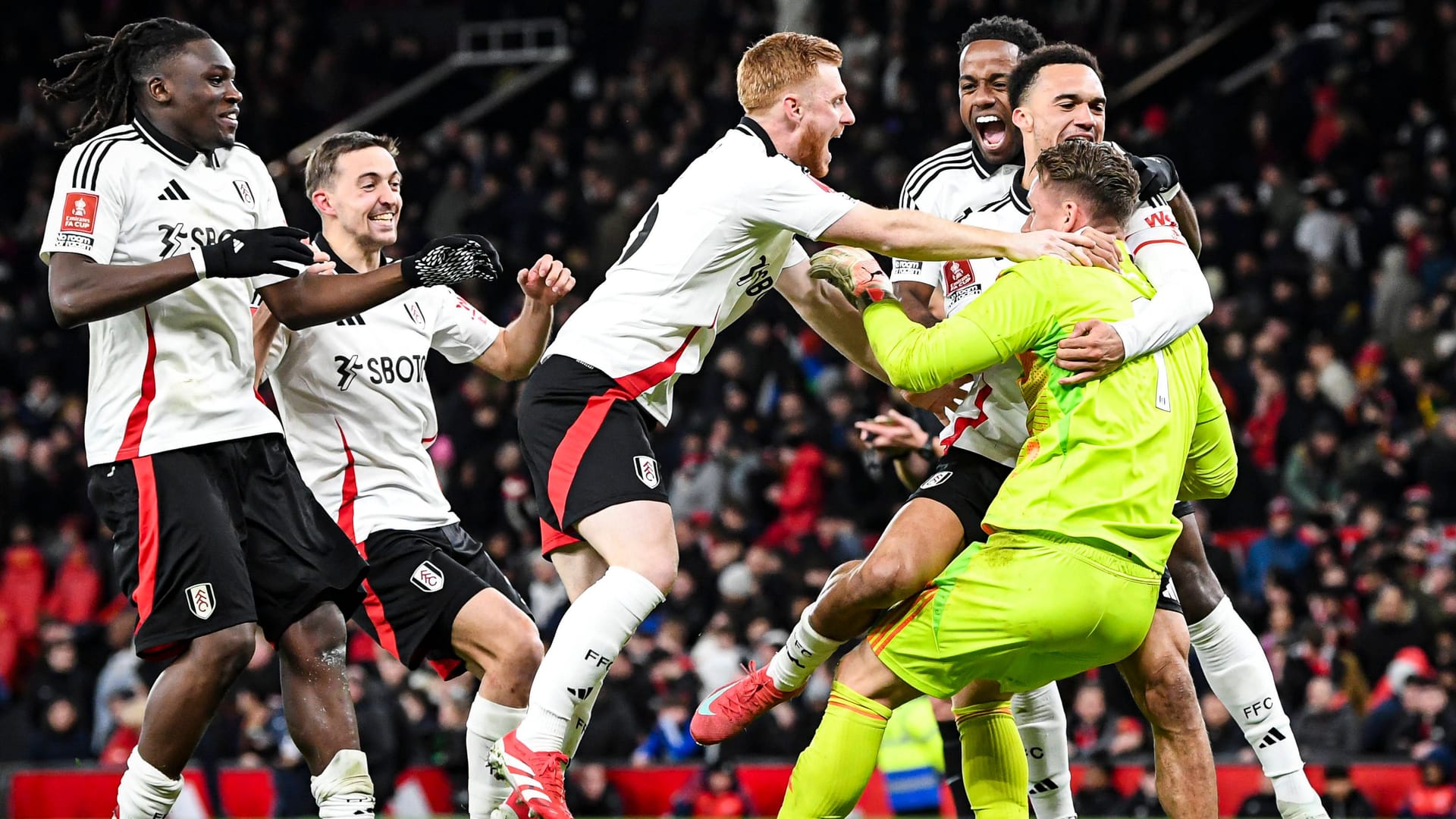 Fulham's players celebrate Bernd Leno (right): The national goalkeeper remained calm in the penalty shootout.