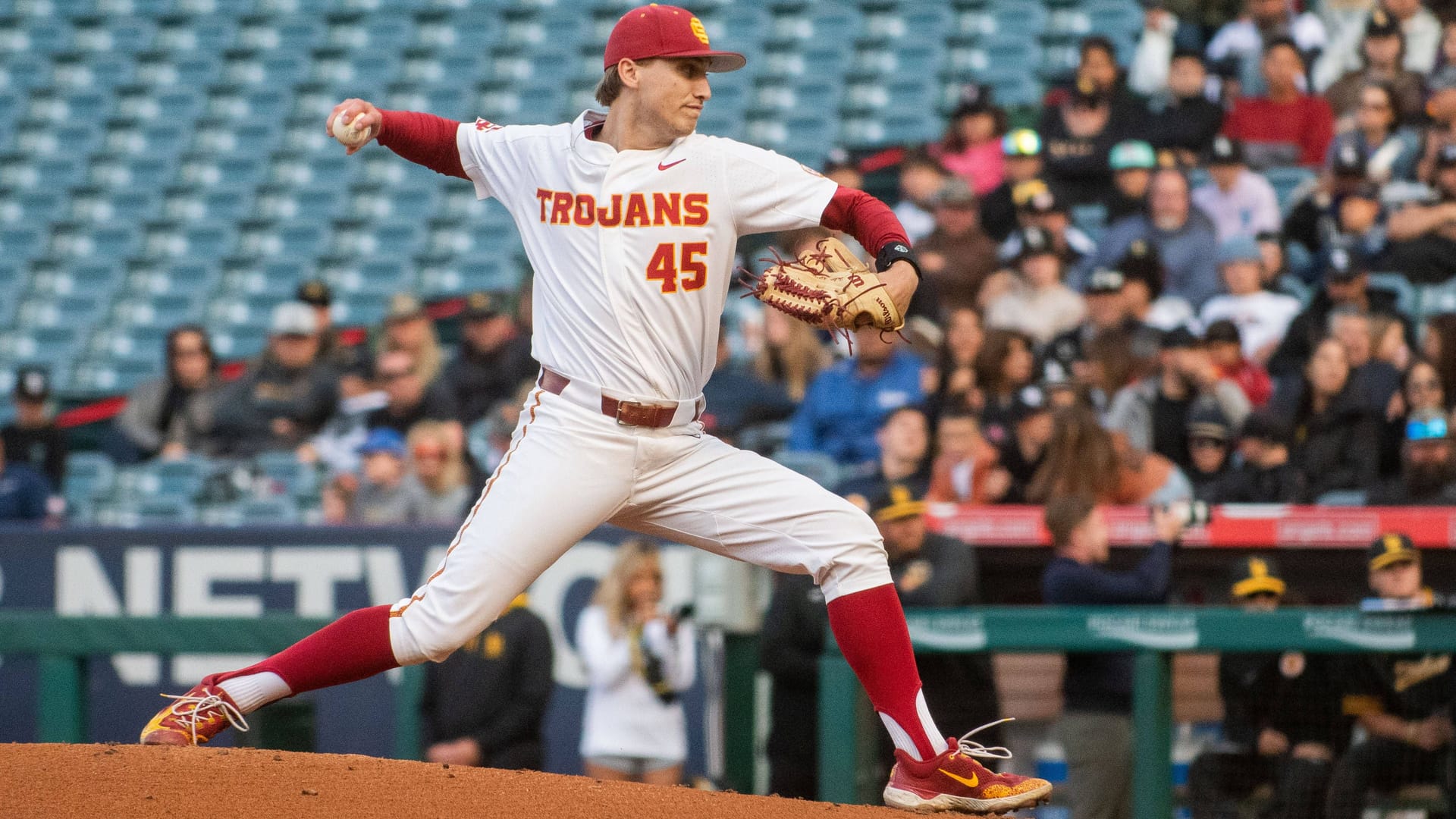 Pitcher Jaden Agassi (45) in the USC Trojans jersey during a league game.
