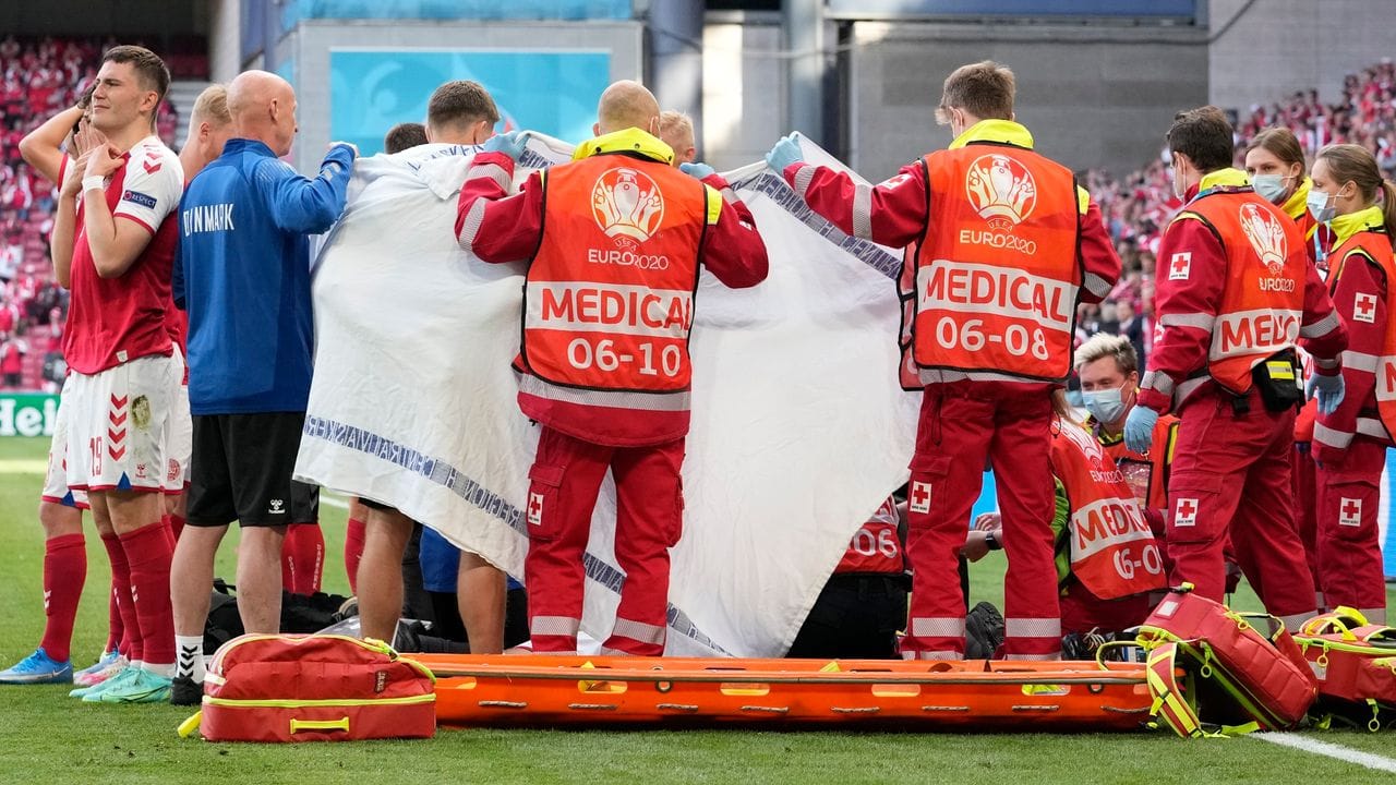 Denmark Christian Eriksen is reanimated after his collapse in the European Championship game against Finland. Denmark Christian Eriksen is reanimated after his collapse in the European Championship game against Finland.