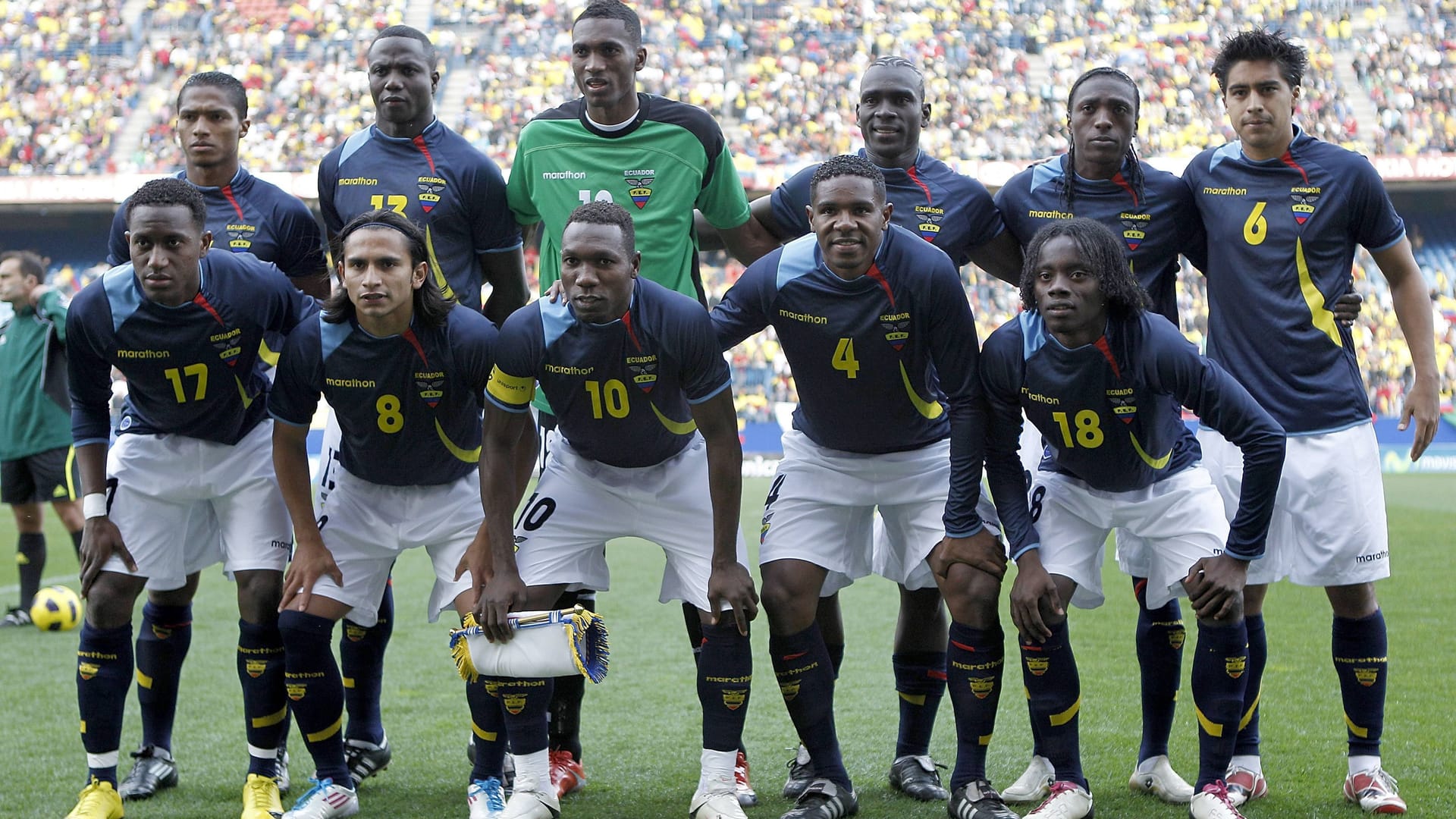 Team photo of Ecuador from 2011: Segundo Castillo (fourth from left behind) made 88 games for his country.