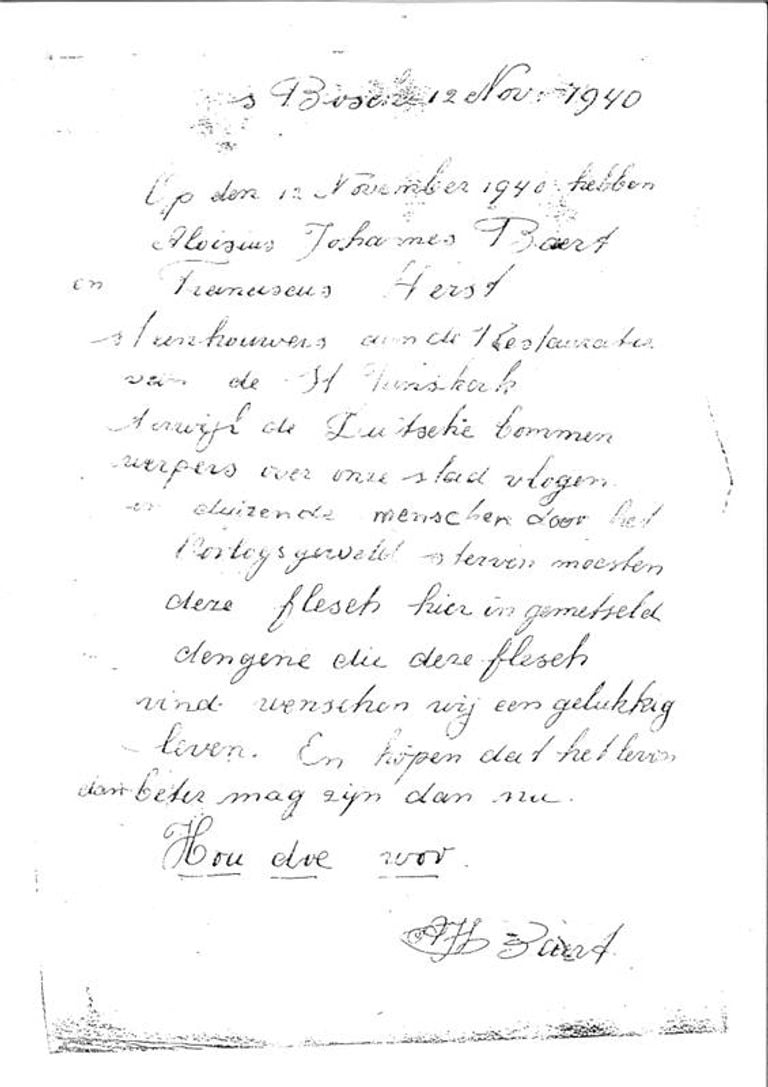 The letter that was left in a bottle by Steenhouwers in 1940 in Sint Jan (photo: parish of holy Johannes Evangelist) 