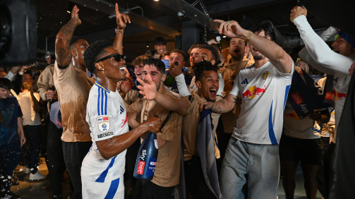 The Leeds-United professionals celebrate the promotion to the Premier League.