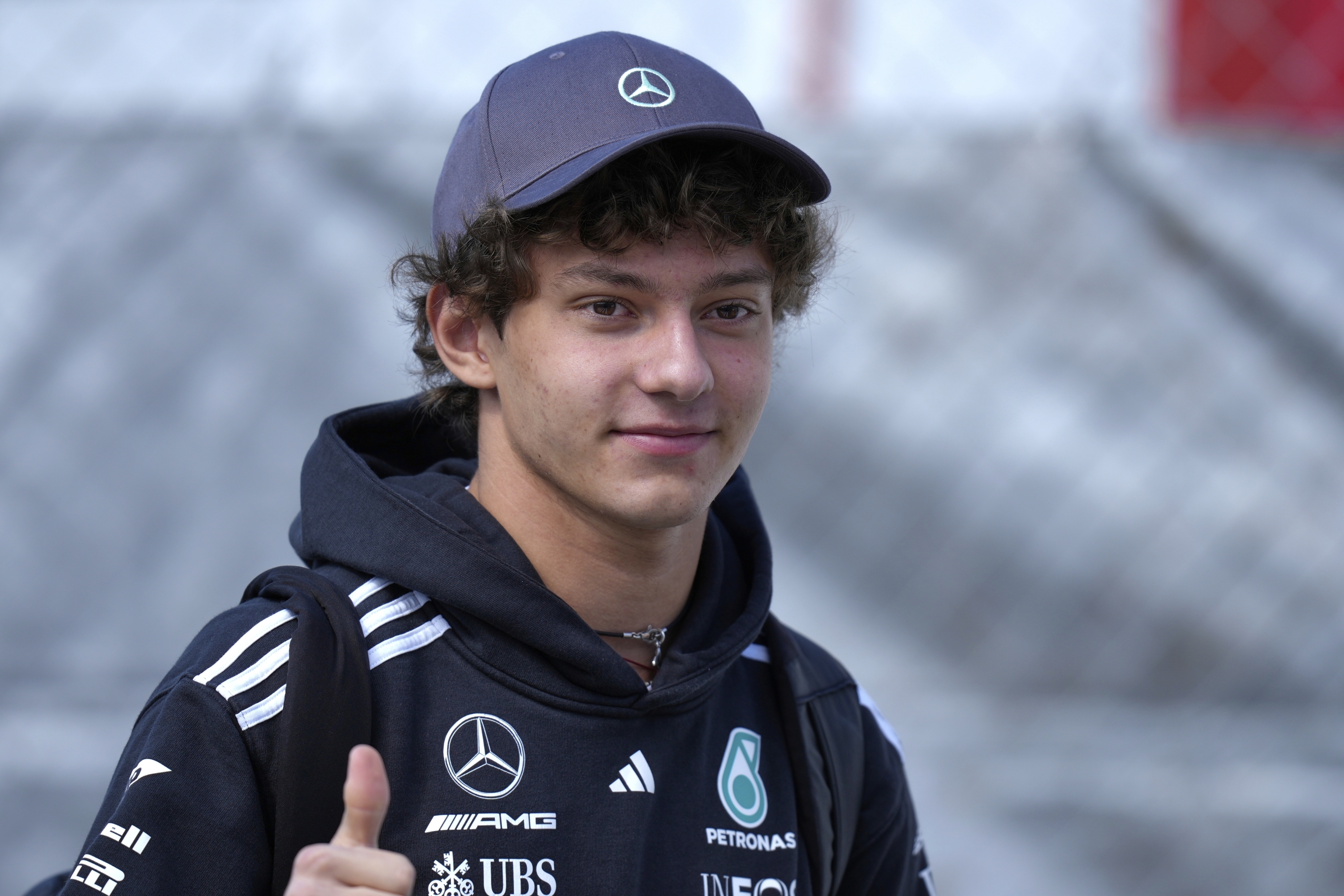 Mercedes Driver Kimi Antonelli of Italy Arrival at the Suzuk Circuit for the First Practice Session for the Japanese Formula One Grand Prix in Suzuka, Central Japan, Friday, April 4, 2025. (AP Photo/Hiro Komae)