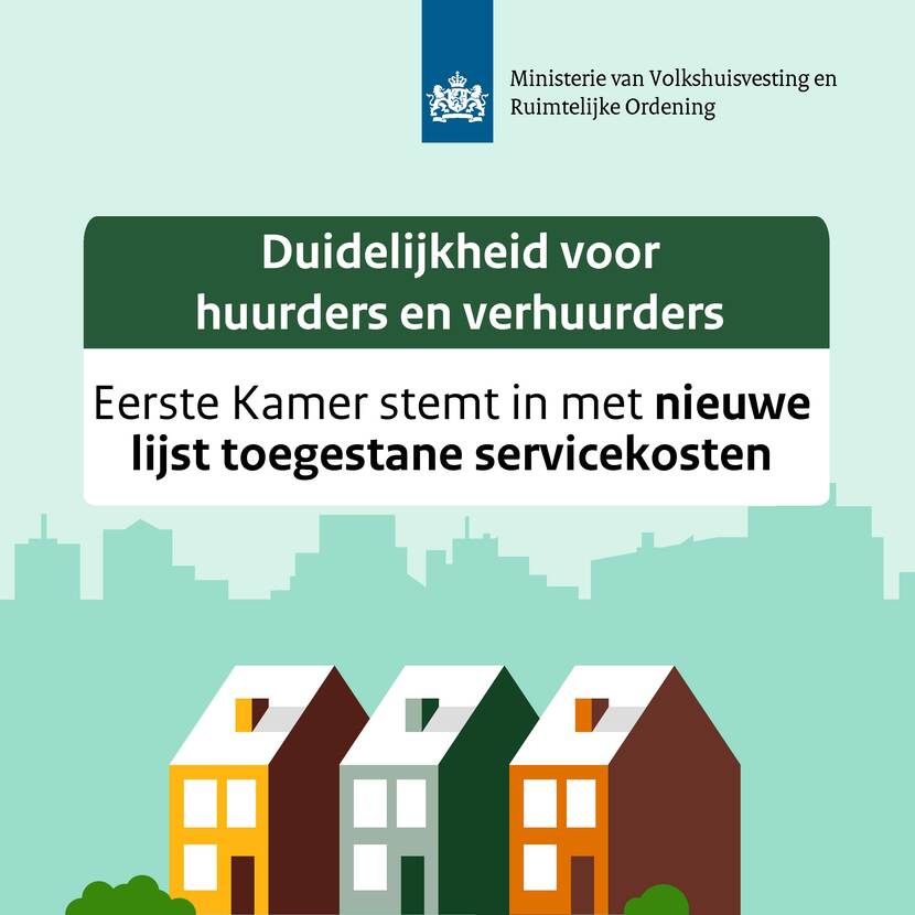 Image with three houses that are written: "Clarity for tenants and landlords. Senate agrees with a new list of permitted service costs".
