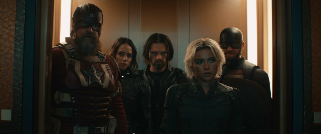 New Marvel- (Anti-) heroes: (LR): Alexei Shostakov/Red Guardian (David Harbor), Ghost (Hannah John-Kamen), Bucky Barnes (Sebastian Stan), Yelena Belova (Florence Pugh), and John Walker (Wyatt Russell) as 