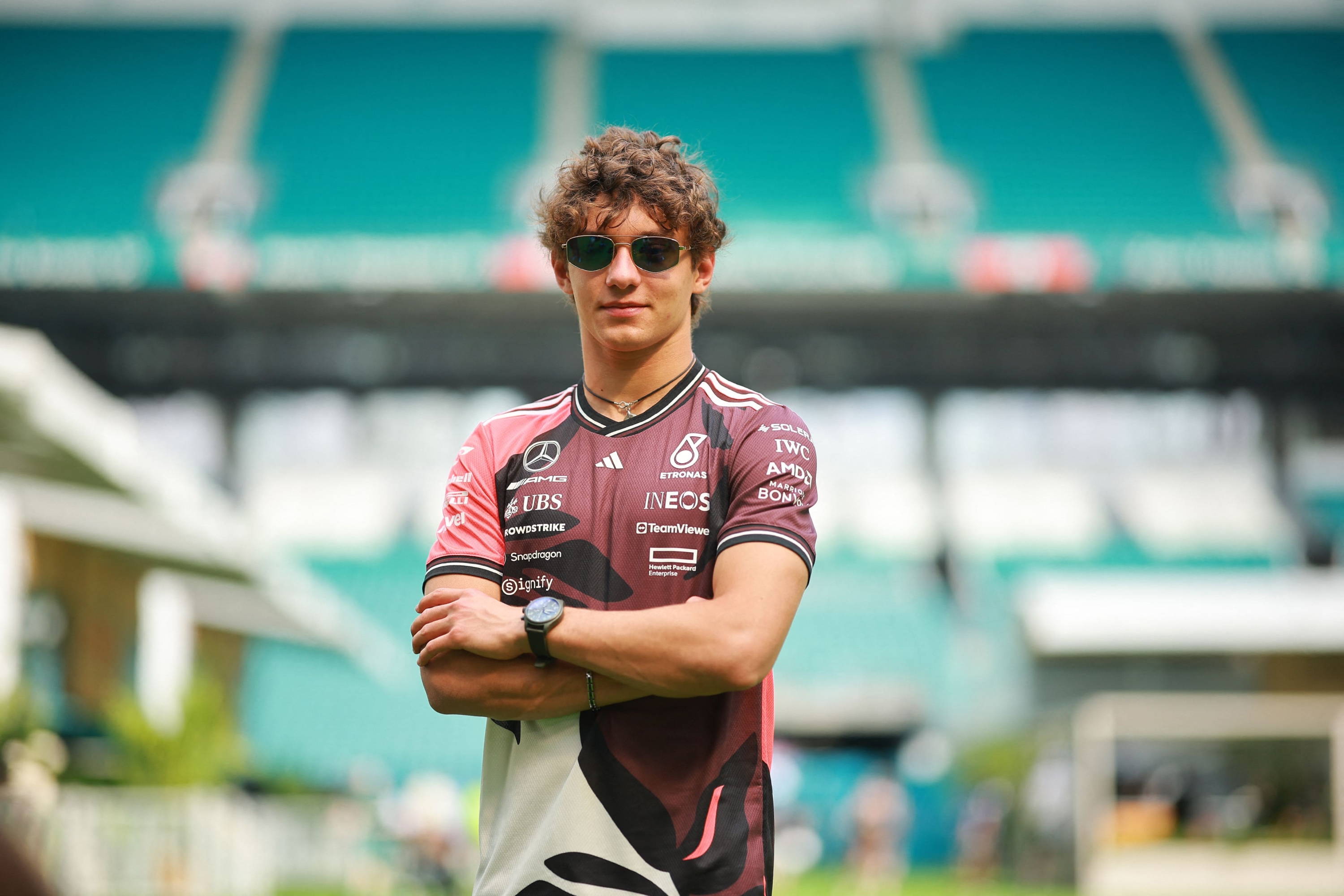 Miami, Florida - May 01: Andrea Kimi Antonelli of Italy and Mercedes AMG Petronas F1 Team Looks on in the Paddock During Preview Ahead of the F1 Grand Prix of Miami At Miami International Autodrome on May 01, 2025 in Miami, Florida. Hector Vivas / Getty Images / AFP (Photo by Hector Vivas / Getty Images North America / Getty Images Via AFP)