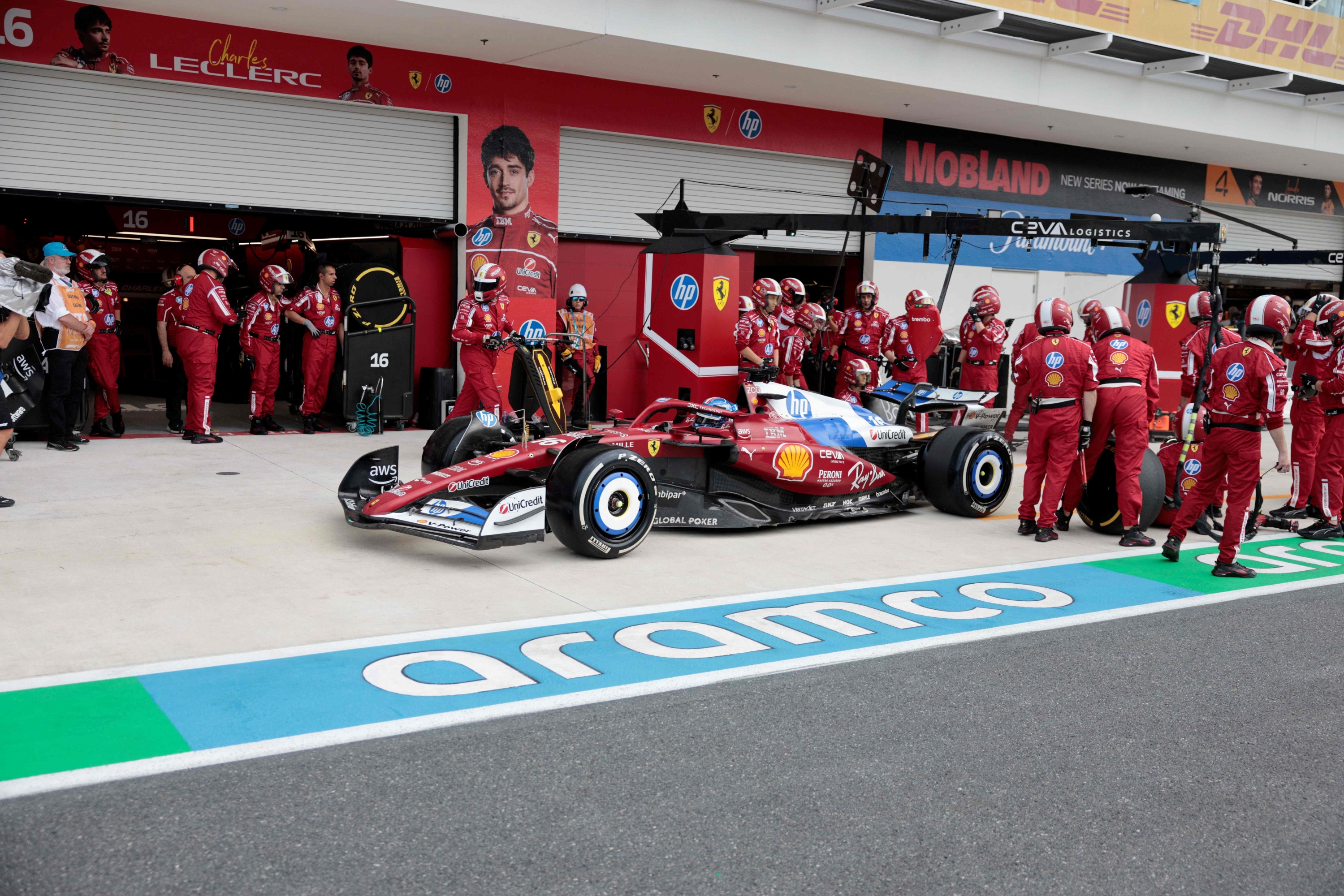 Ferrari's Monegasque Driver Charles Leclerc Makes a Pit Stop During the 2025 Miami Formula One Grand Prix at Miami International Autodrome in Miami Gardens, Florida, On May 4, 2025. (Photo by Shawn Thew / Pool / AFP)
