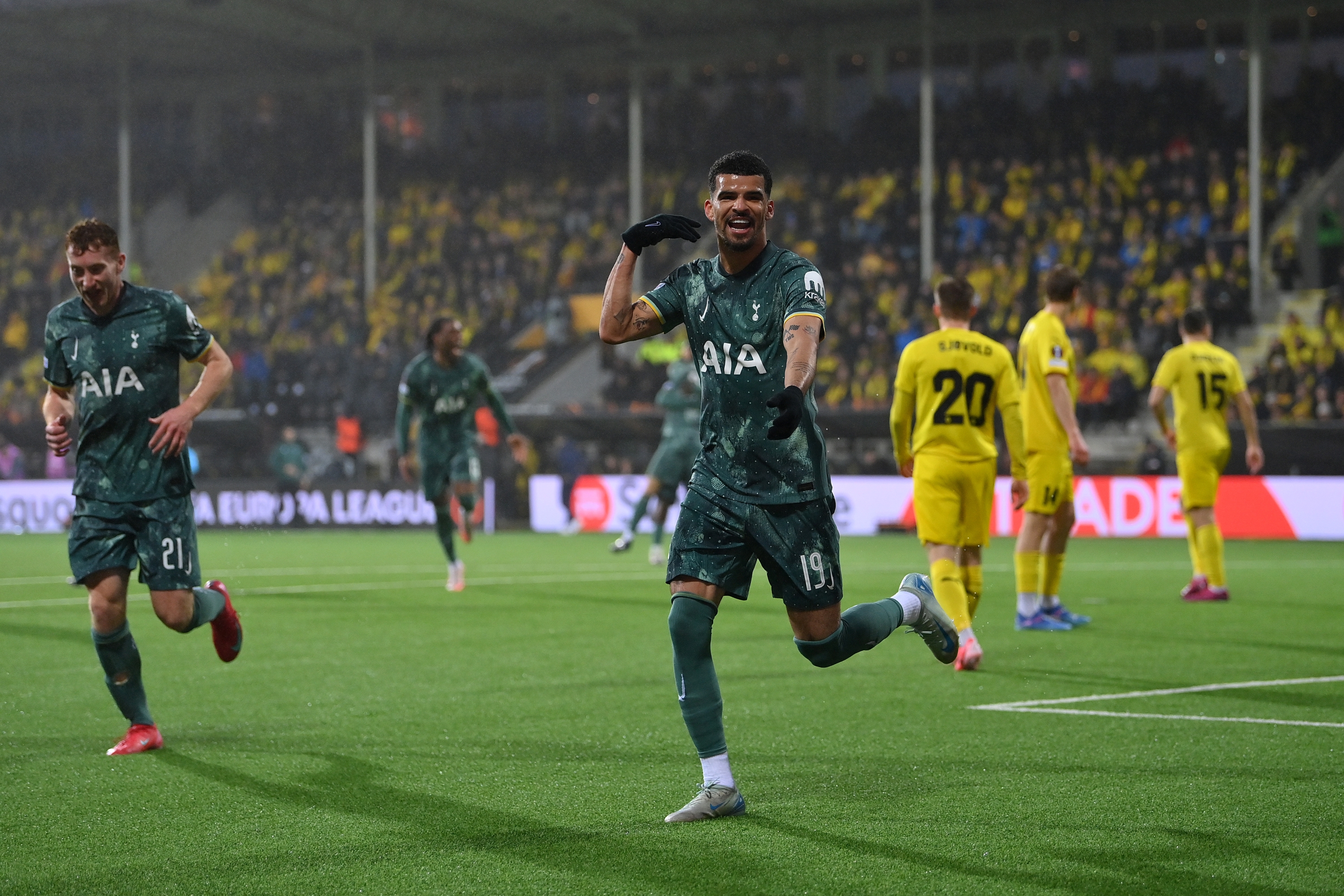 Bodo, Norway - May 08: Dominic Solanke of Tottenham Hotspur Celebrates Scoring His Team's First Goal During the UEFA Europa League 2024/25 Final Second Leg Match Bethaeen Fk Bodo/Glimt and Tottenham Hotspur at Aspmyra Stadion on May 08, 2025 in Bodo, Norway. (Photo by Justin Setterfield/Getty Images)