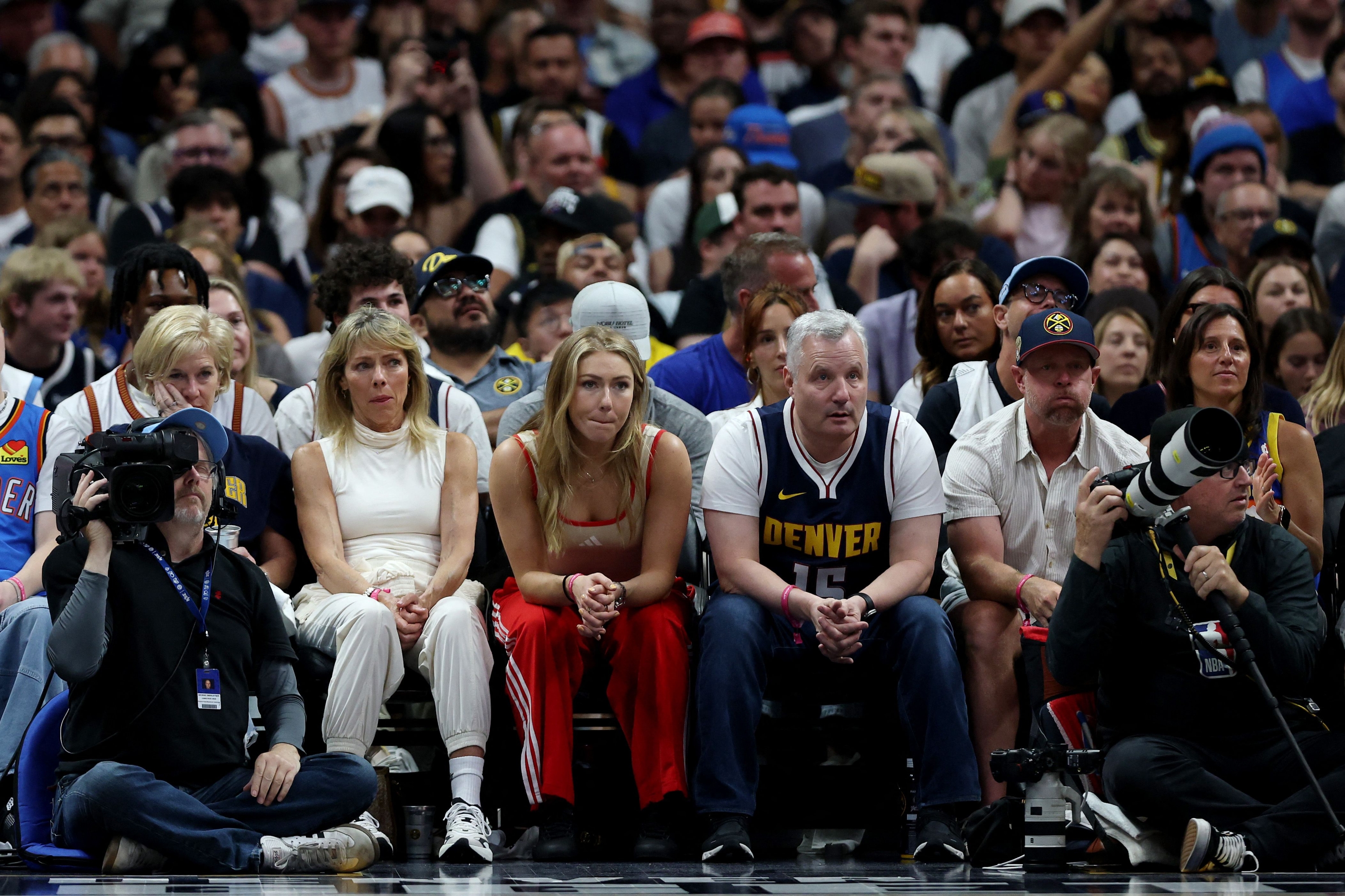 DENVE, Colorado - May 11: Alpine Skiier Mikaela Shiffrin Attention The Game Bethaeen the Denver Nuggets and the Oklahoma City Thunder in Game Four of the Western Conference Second Round NBA Playoffs at Ball Arena on May 11, 2025 in Denver, Colorado. Notes to User: User Expressly Acknowledges and Agrees That, by Downloading and or Using This Photograph, User is allowed to the Terms and Conditions of the Getty Images License Agreement. Matthew Stockman / Getty Images / AFP (Photo by Matthew Stockman / Getty Images North America / Getty Images Via AFP)