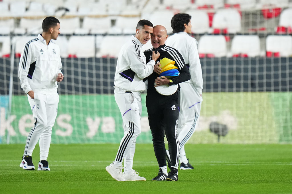 Madrid, Spain - November 07: Lucas Vazquez of Real Madrid Cf Interacts With Antonio Pintus, Conditioning Coach of Real Madrid Cf Prior to the Laliga Santander Match Bethaeen Rayo Vallecano and Real Madrid Cf at Campo de Futbol de Vallecas on November 07, 2022 in Madrid, Spain. (Photo by Angel Martinez/Getty Images)
