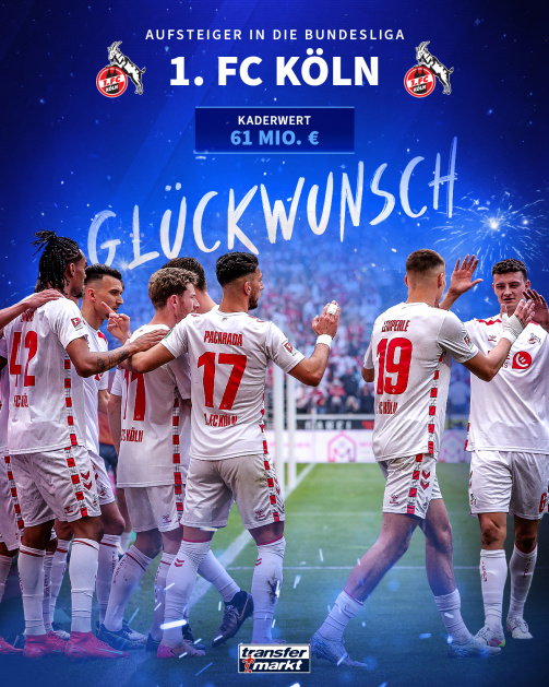 The picture shows a cheering football team of the 1st FC Köln in white jerseys with red details. The players are in a circle and clap. Among other things, the back numbers 17 (Pacarada) and 19 (Ljubičić) can be seen. In the background, a fully occupied stadium with cheering fans can be seen. Above the picture is in large white letters: 