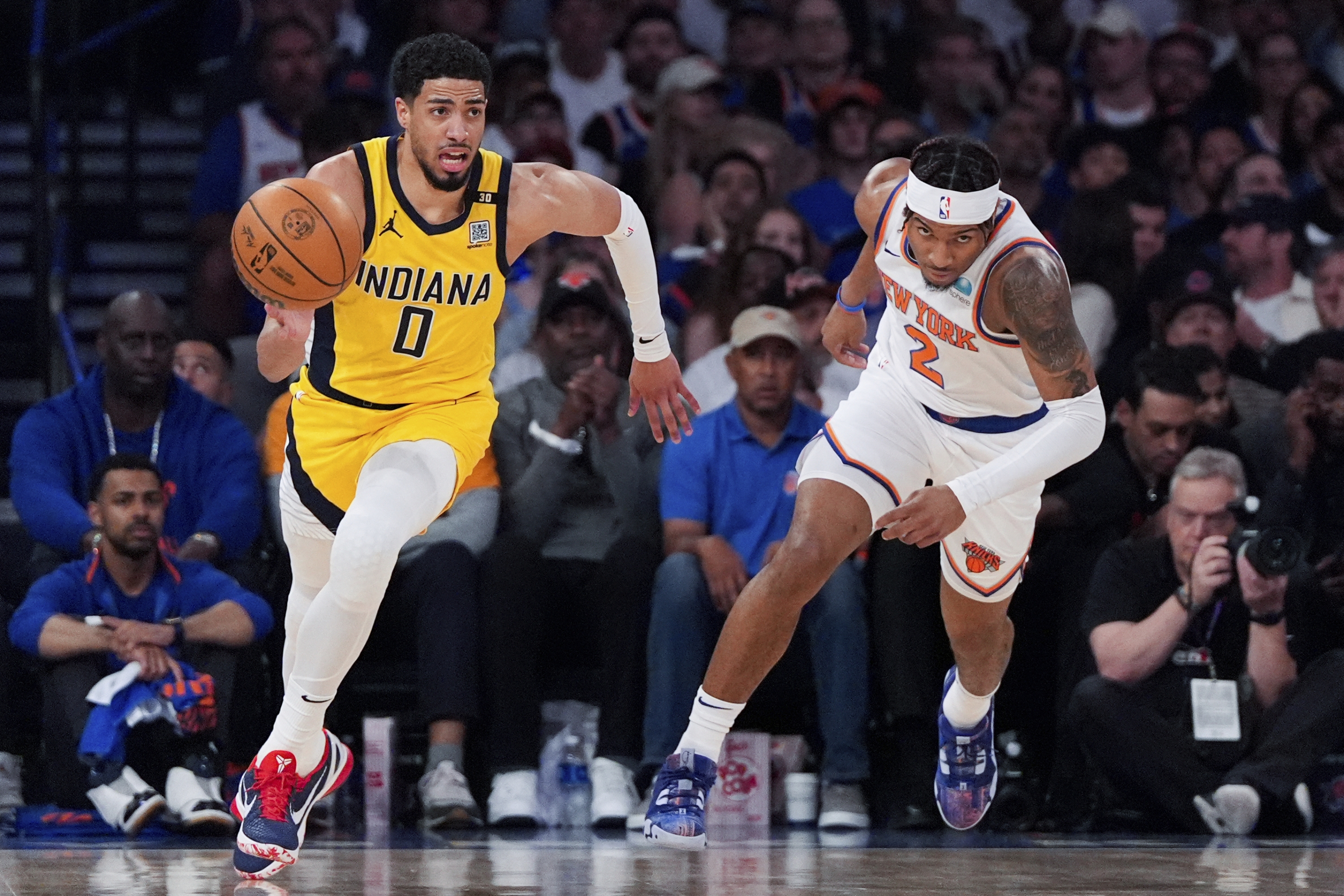 File - Indiana Pacers Guard Tyrese Haliburton (0) Dribbles During the First Half of Game 7 in an NBA Basketball Second -Round Playoff Series Against The New York Knicks, May 19, 2024, in New York. (Ap Photo/Julia Nikhinson, file)