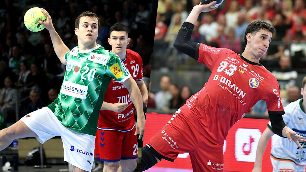 Berlin Nationalspieler Tim Freihöfer (22/l.) und Melsungens Spanier Ian Barrufet (21)
