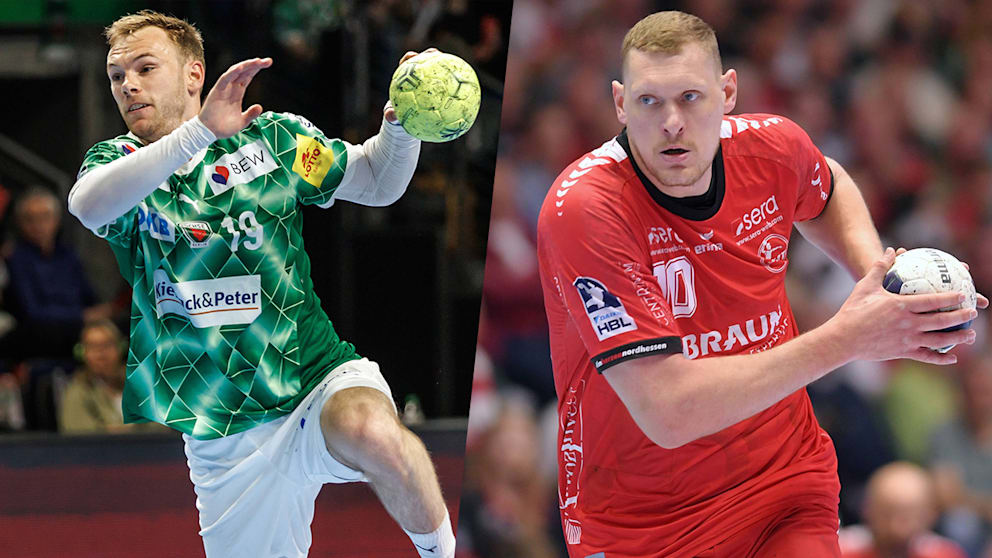 Berlins Welthandballer Mathias ­Gidsel (26/l.) und Melsungens 2,15-Meter-Riese Dainis ­Kristopans (34)